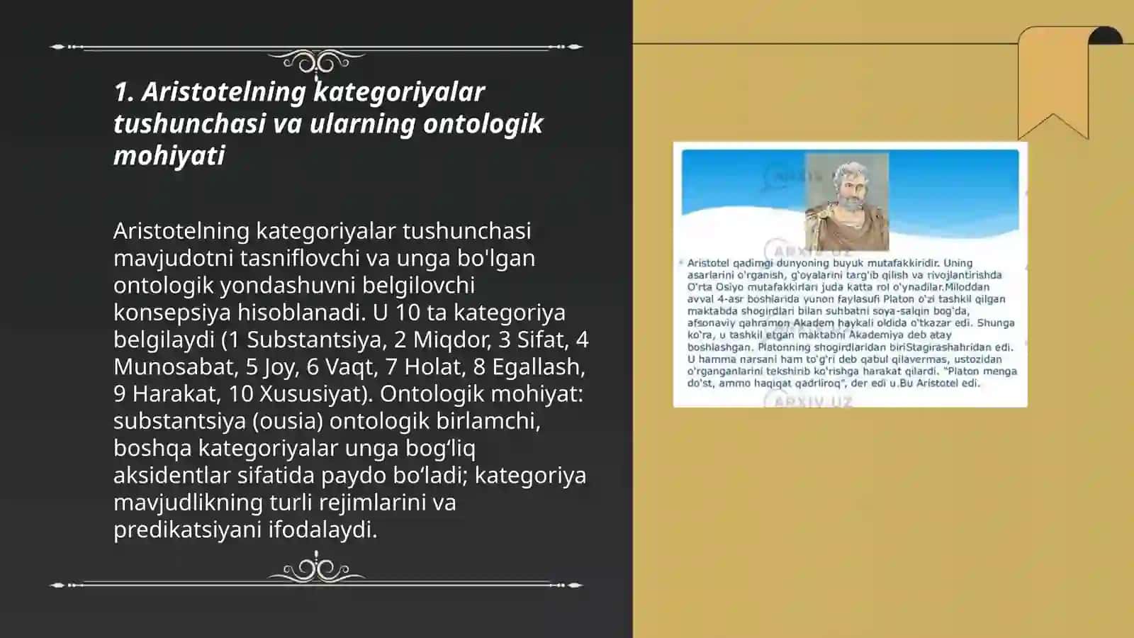 Aristotel, Farobiy, Kant ontologiyasida kategoriyalarning tasnifi 3