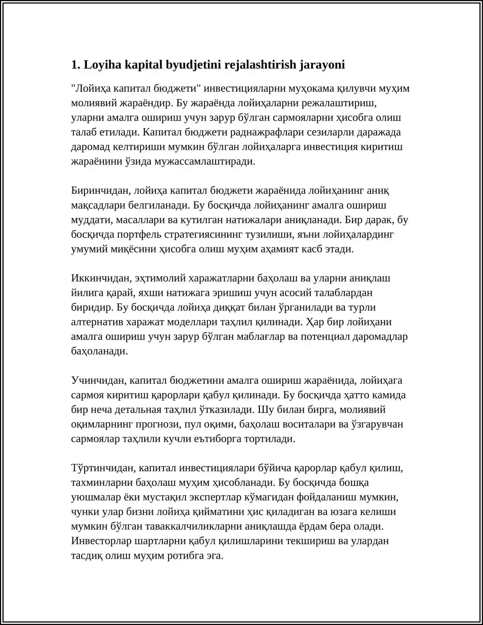 LOYIHANING KAPITAL BYUDJETINI ISHLAB CHIQISH VA MOLIYALASHTIRISH MANBALARINI SHAKLLANTIRISH 3