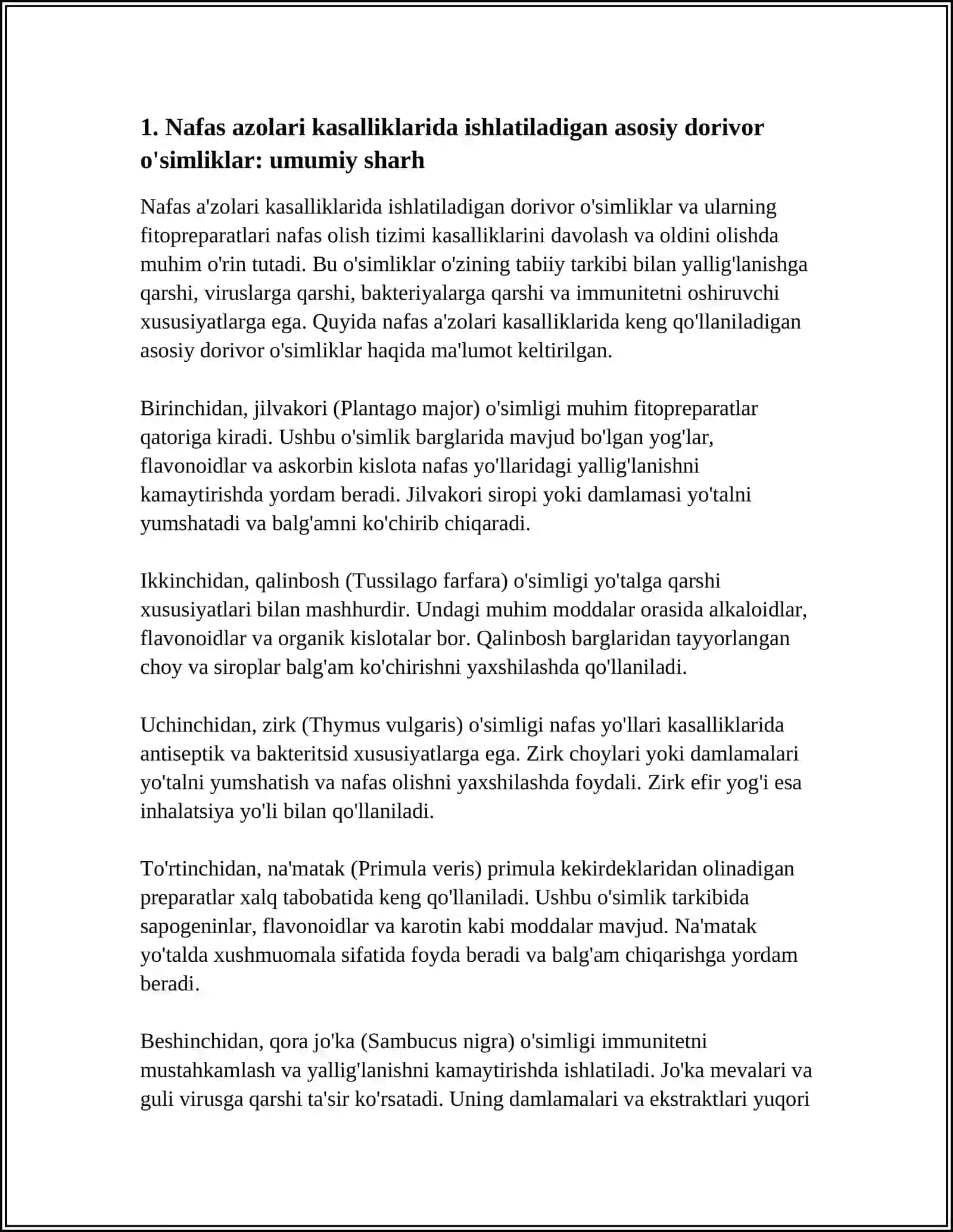 NAFAS AZOLARI KASALIKLARIDA ISHLATILADIGANG DORIVOR O'SIMLIKLARDA VA ULARNING FITOPREPARATLARI 3