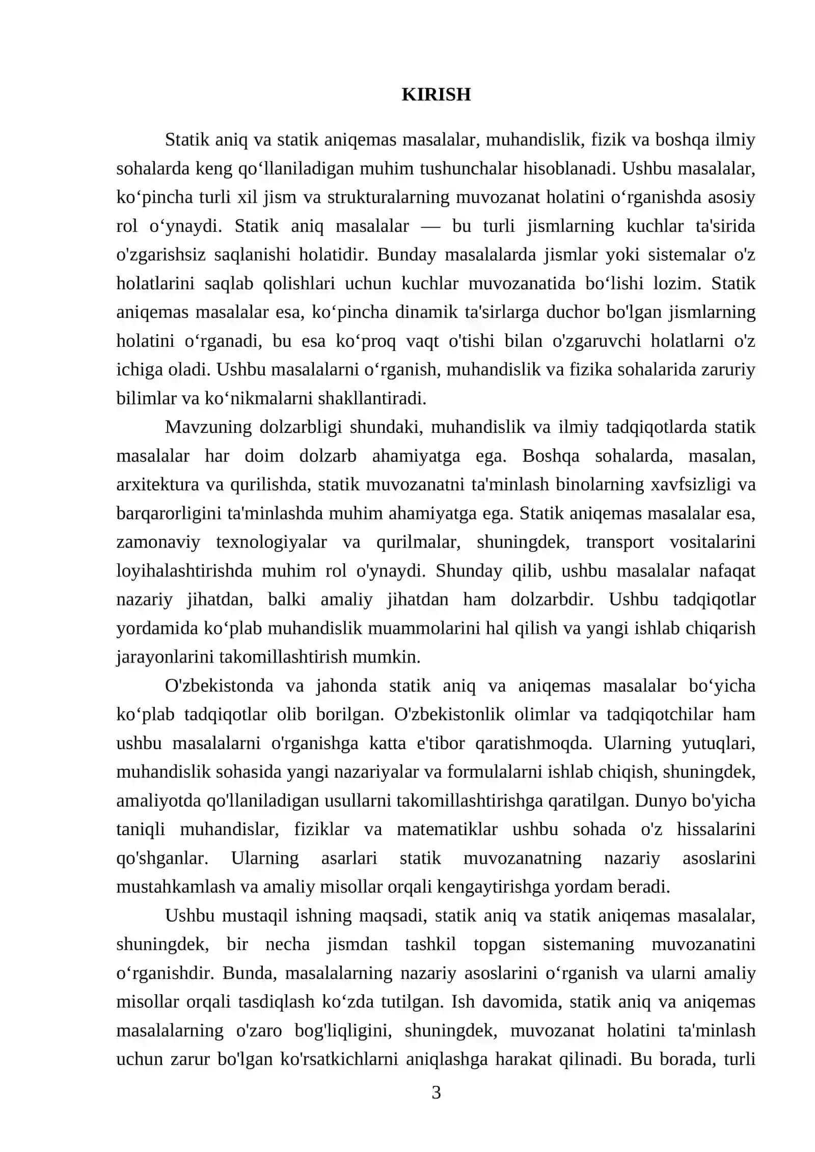 Statik aniq va statik aniqemas masalalar. Bir necha jismdan tashkil topgan sestimaning muvozanati 3