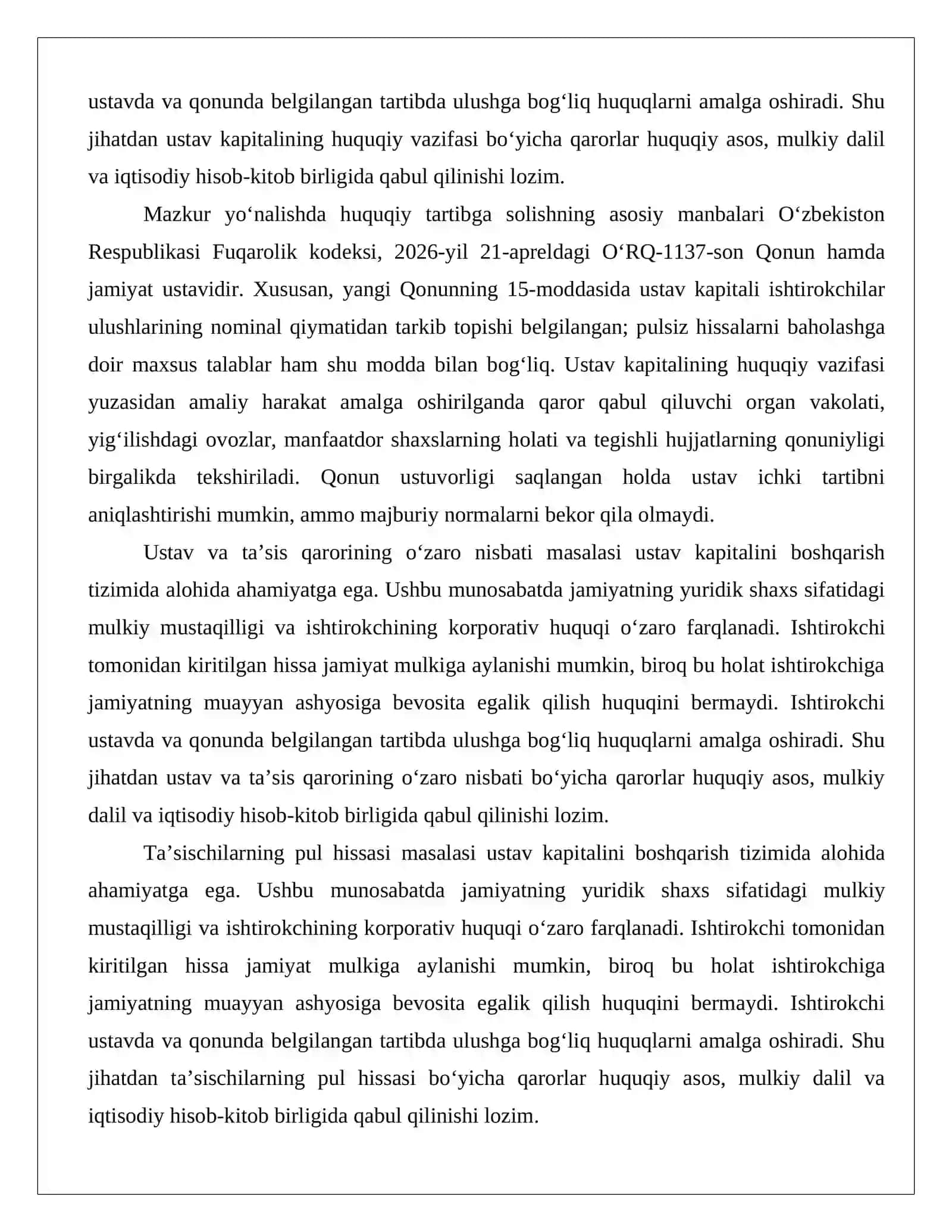 Ustav kapitalini shakllantirish va o‘zgartirish: Pul va mol-mulk ko‘rinishidagi hissalar, ulushlarni baholash va ishtirokchilar huquqlari 3