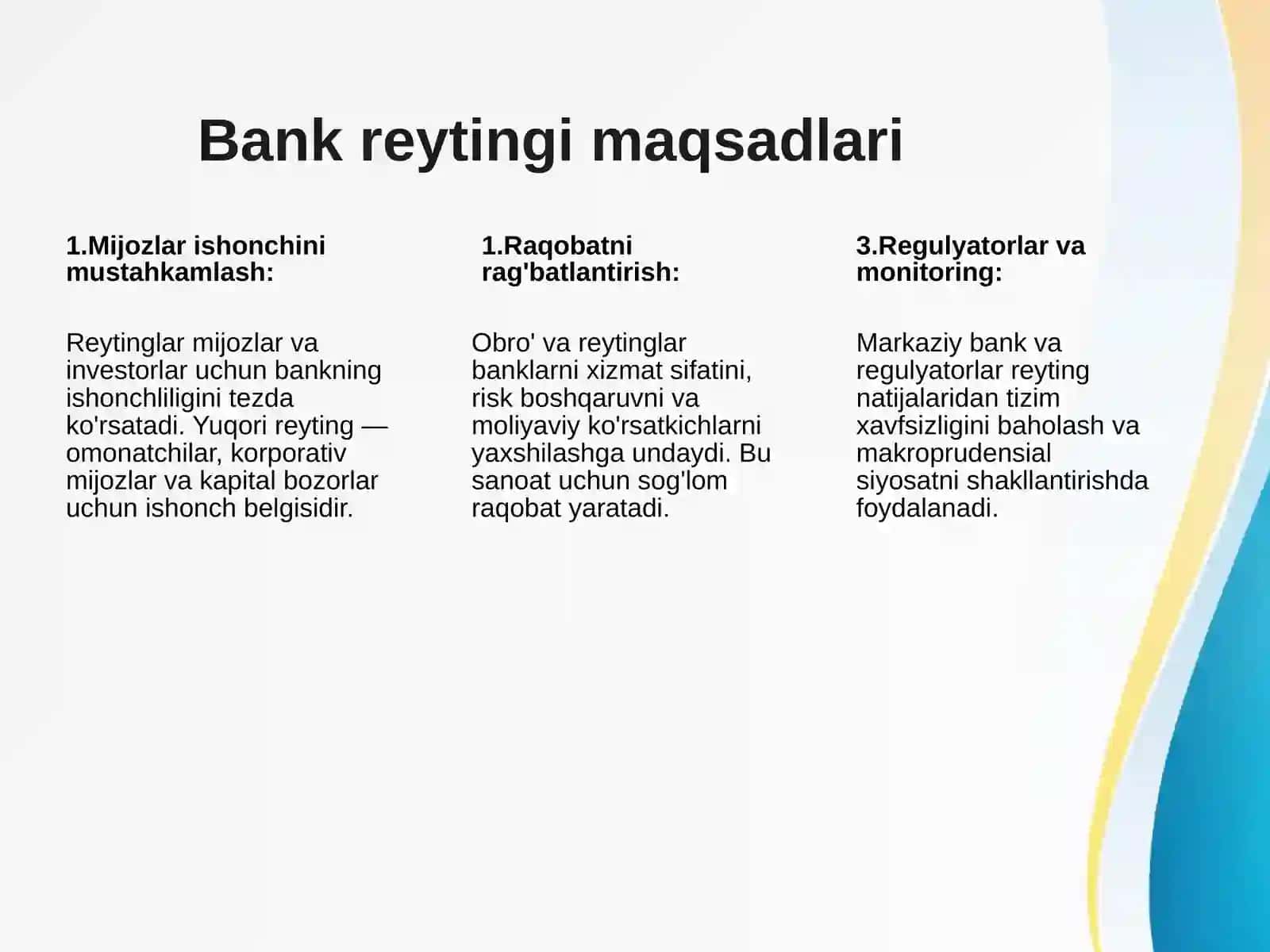Tijorat banklarining reytingini aniqlash usullari 3