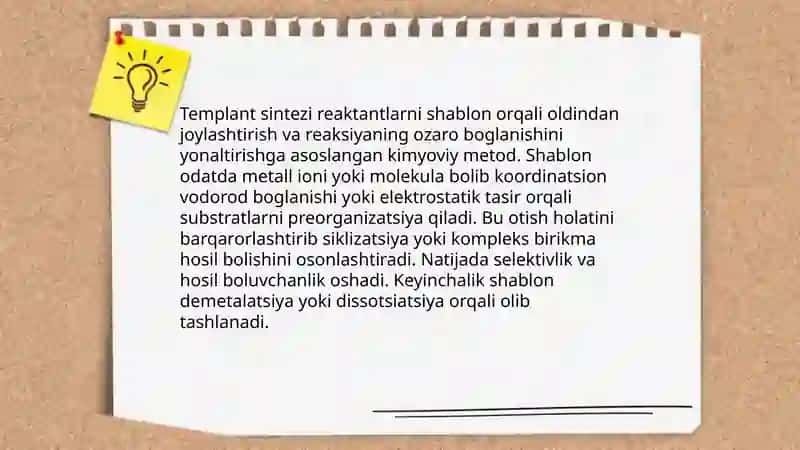Templant sintez mohiyati. Erituvchi tabiati va kompleks birikmalarning eruvchanligi 3