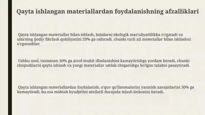 Qayta ishlangan materiallardan foydalanib darslar uchun koʻrgazmalar yaratish 3