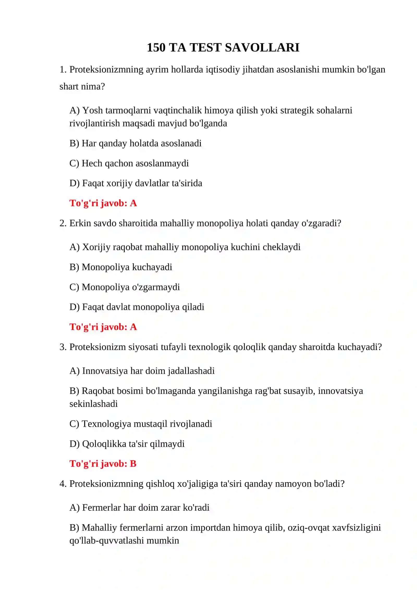 BOJXONA IQTISODIYOTI BO'YICHA IMTIHON 3