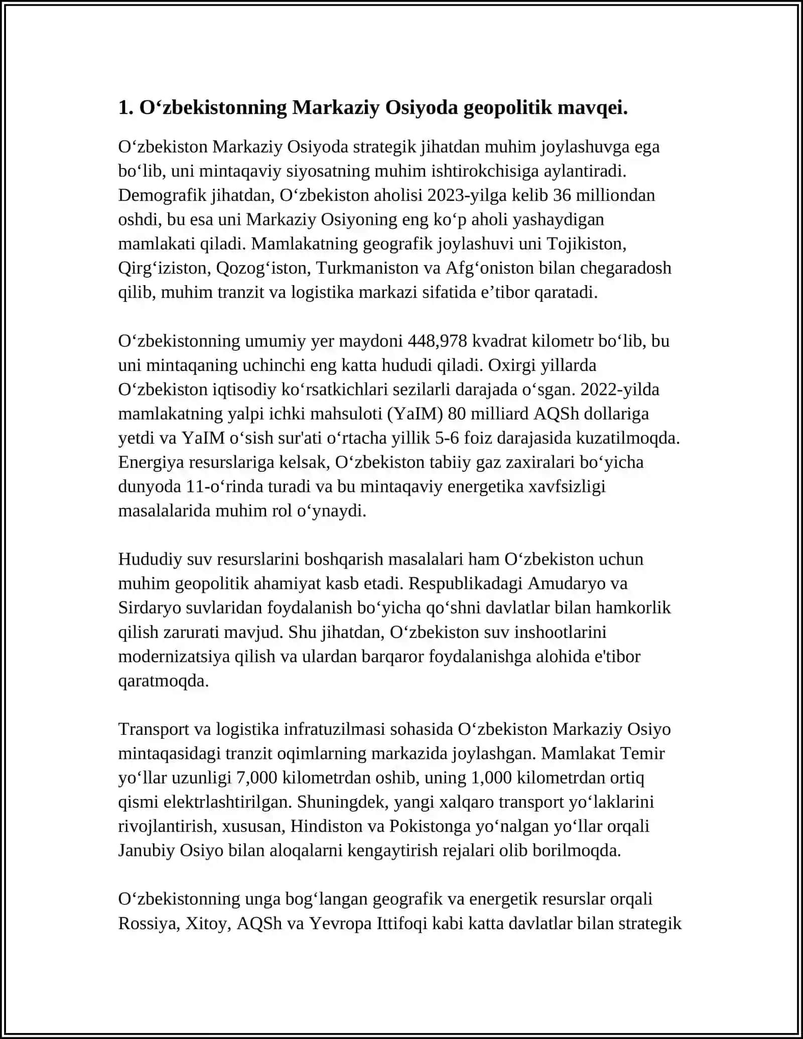 O‘ZBEKISTONNING MARKAZIY OSIYODA TINCHLIK VA BARQARORLIKNI TA’MINLASHDAGI O‘RNI 3
