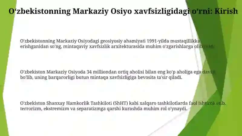 O'zbekistonning Markaziy Osiyoda tinchlik va barqarorlikni ta'minlashdagi o'rni 3