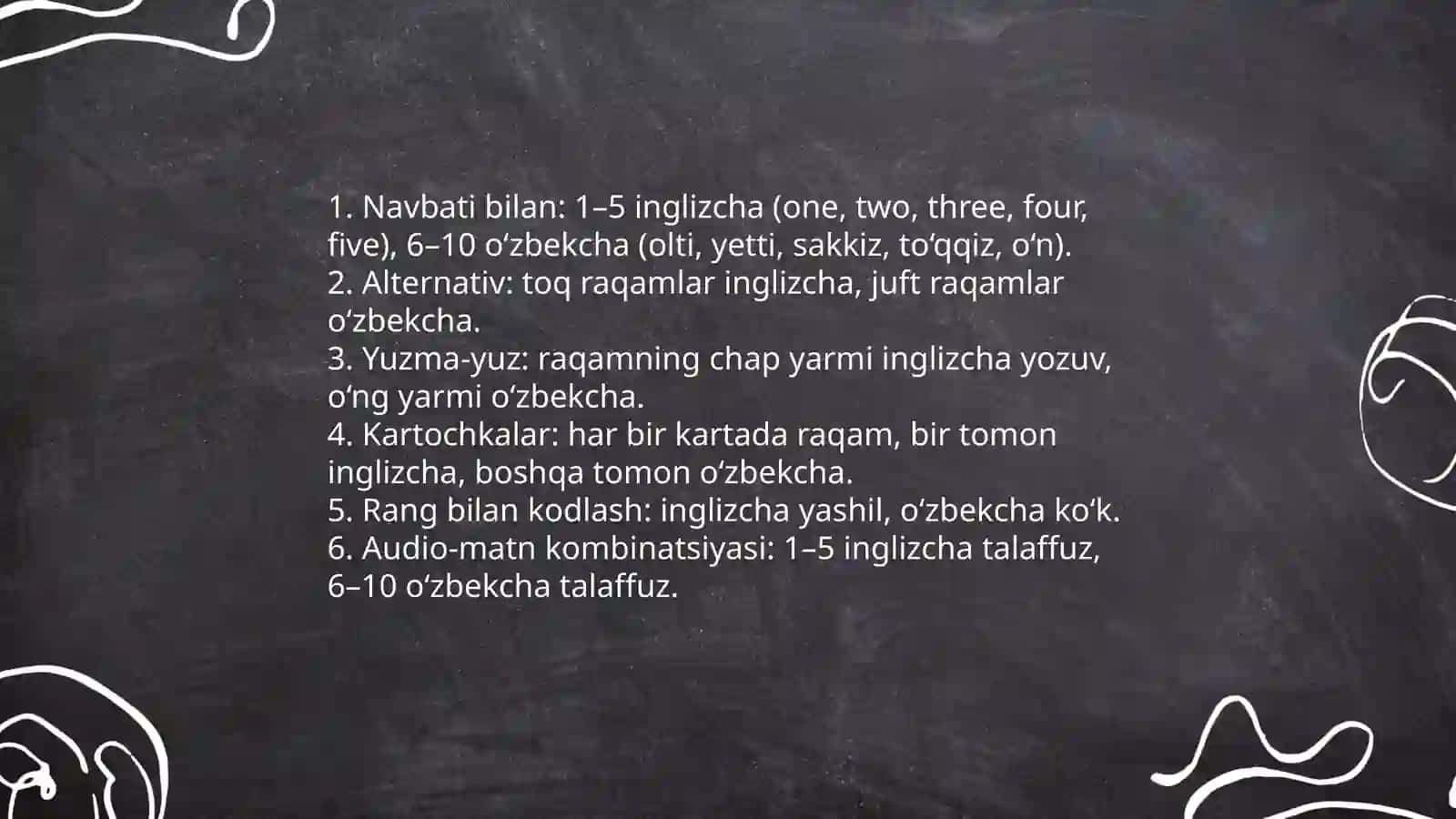 10 talik numbers yarmi inglizcha va yarmi ozbekcha bulsin 3