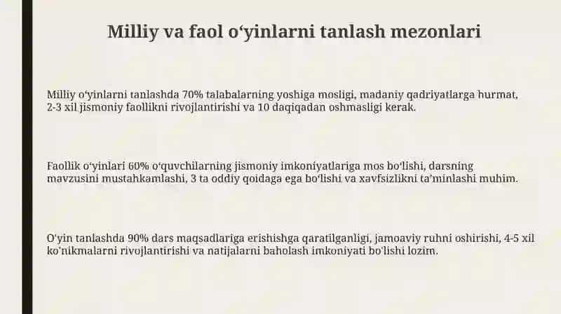 Milliy va harakatli o'yinlarni darsini yaxuniy qismi g'am oshol dan tashlash va tahlil qilish 3