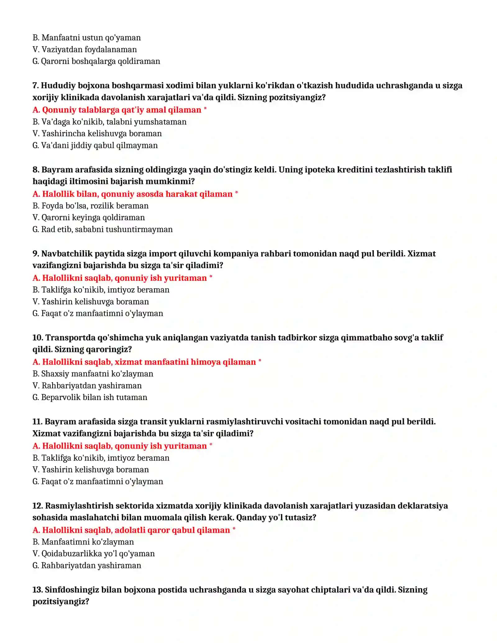 BOJXONA AKADEMIYASI - KASBIY TANLOV TEST SAVOLLARI (№ 39) 3