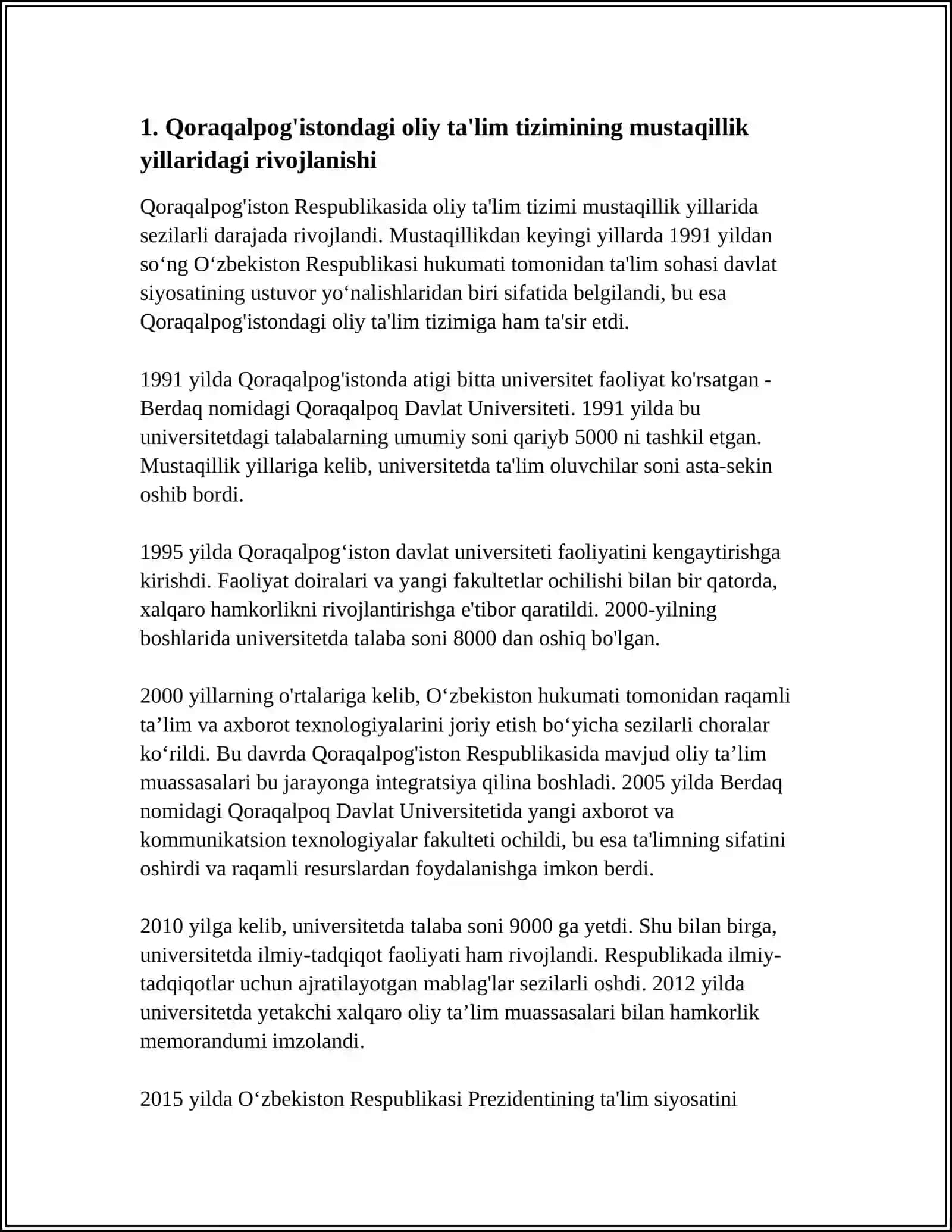 QORAQOLPOG'ISTONDAGI MUSTAQILIK YILDA QORAQOLPOG'ISTON OLIY TALIM TIZMI VA UNDAGI ISLOHATLAR 3