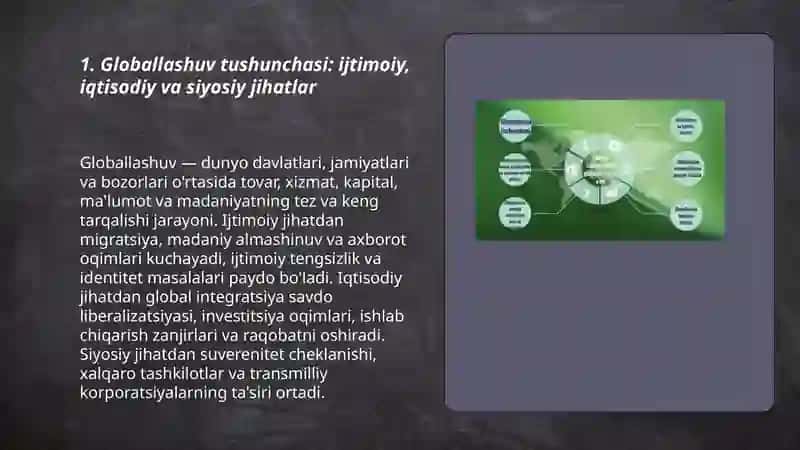 Globallashuv, globalistika va barqaror taraqqiyot tushunchalarining o'zaro aloqasi va farqi 3
