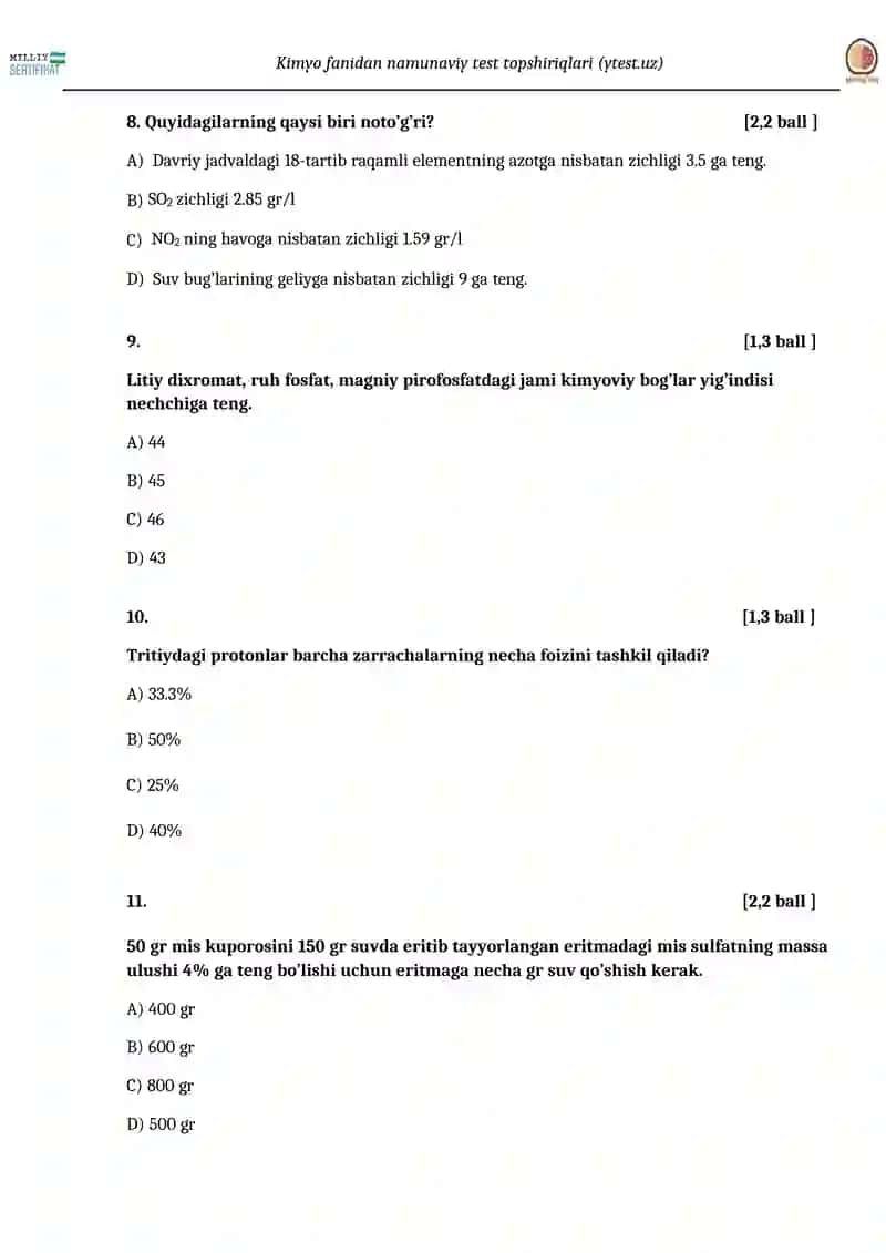 Kimyo fanidan namunaviy test topshiriqlari (ytest.uz) 3
