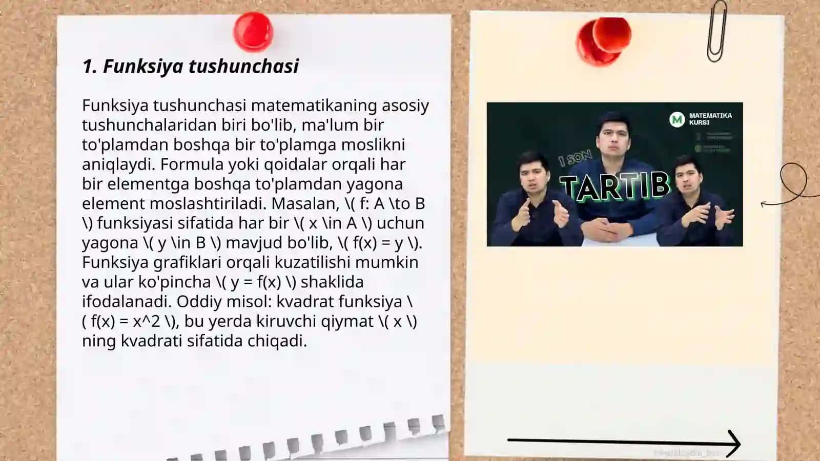 Funksiya tushunchasi.Funksiyaning aniqlanish va o'zgarish sohasi.Juft va toqligi,davriyligi.Ketma-ketlikning limiti,funksiyaning limiti,bir tomonlama limitlar 3