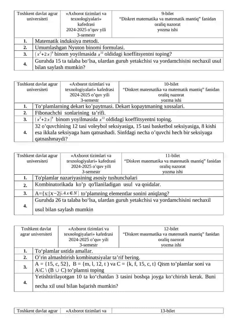 Diskret matematika va matematik mantiq (oraliq nazorat yozma ishi) 3