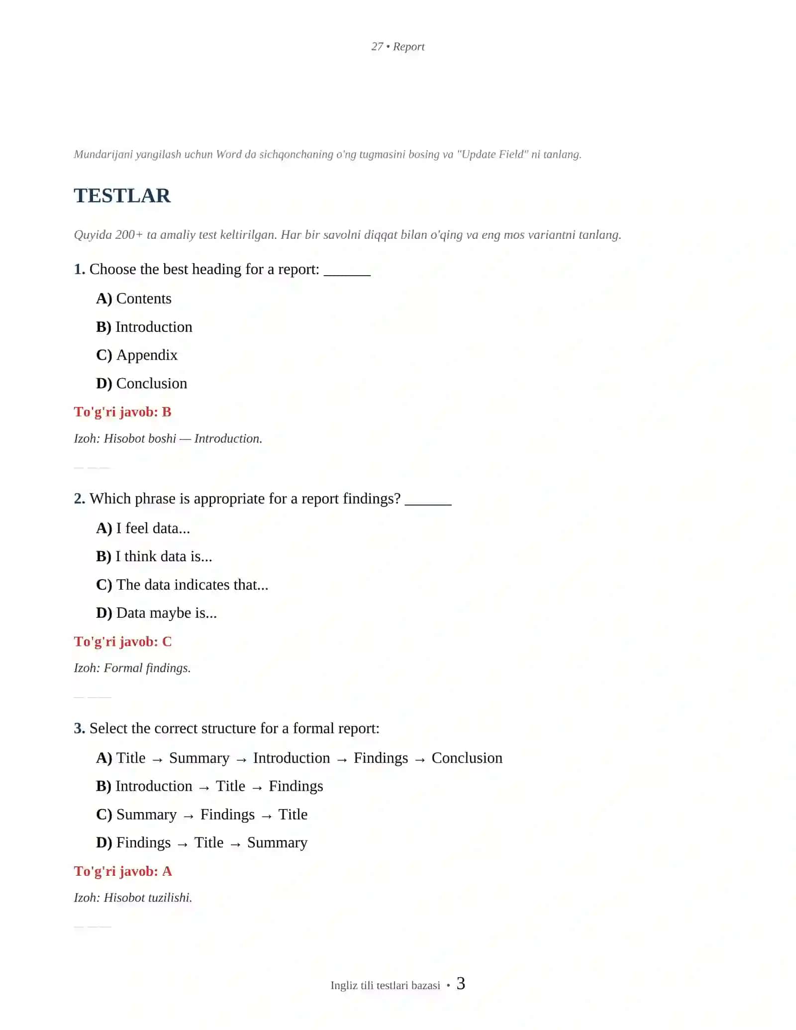 INGLIZ TILI REPORT & ARTICLE WRITING 3