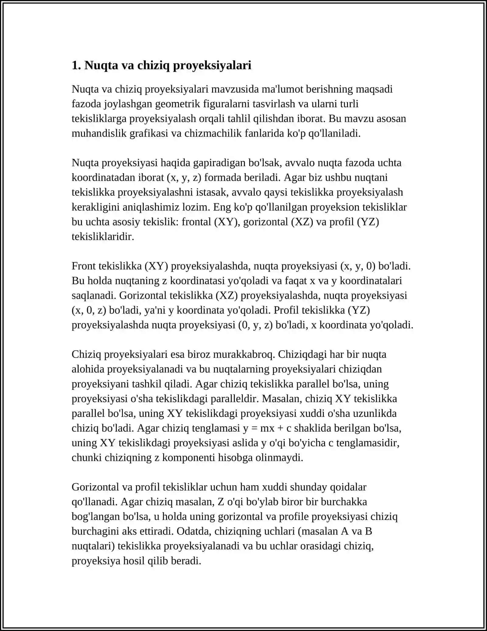A) NUQTA, TO'G'RI CHIZIQ VA TEKISLIK PROYEKSIYALARI METRIK VA POZITSION MASALALAR. B) SIRTLAR. SIRTLARNING KLASSIFIKATSIYASI. SIRTLARNING O'ZARO KESISHUVI. D) AKSONOMETRIK PROYEKSIYALAR. QIYSHIQ VA TO'G`RI BURCHAKLI PROYEKSIYALAR. DIMETRIYA 3