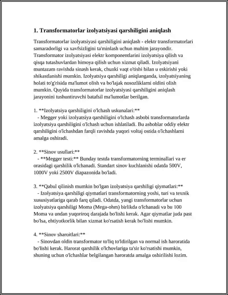 TRANSFORMATORLAR IZOLYASIYASI QARSHILIGINI O‘LCHASH, XISOBLASH VA NOSOZLIKLARNI TAMIRLASH 3