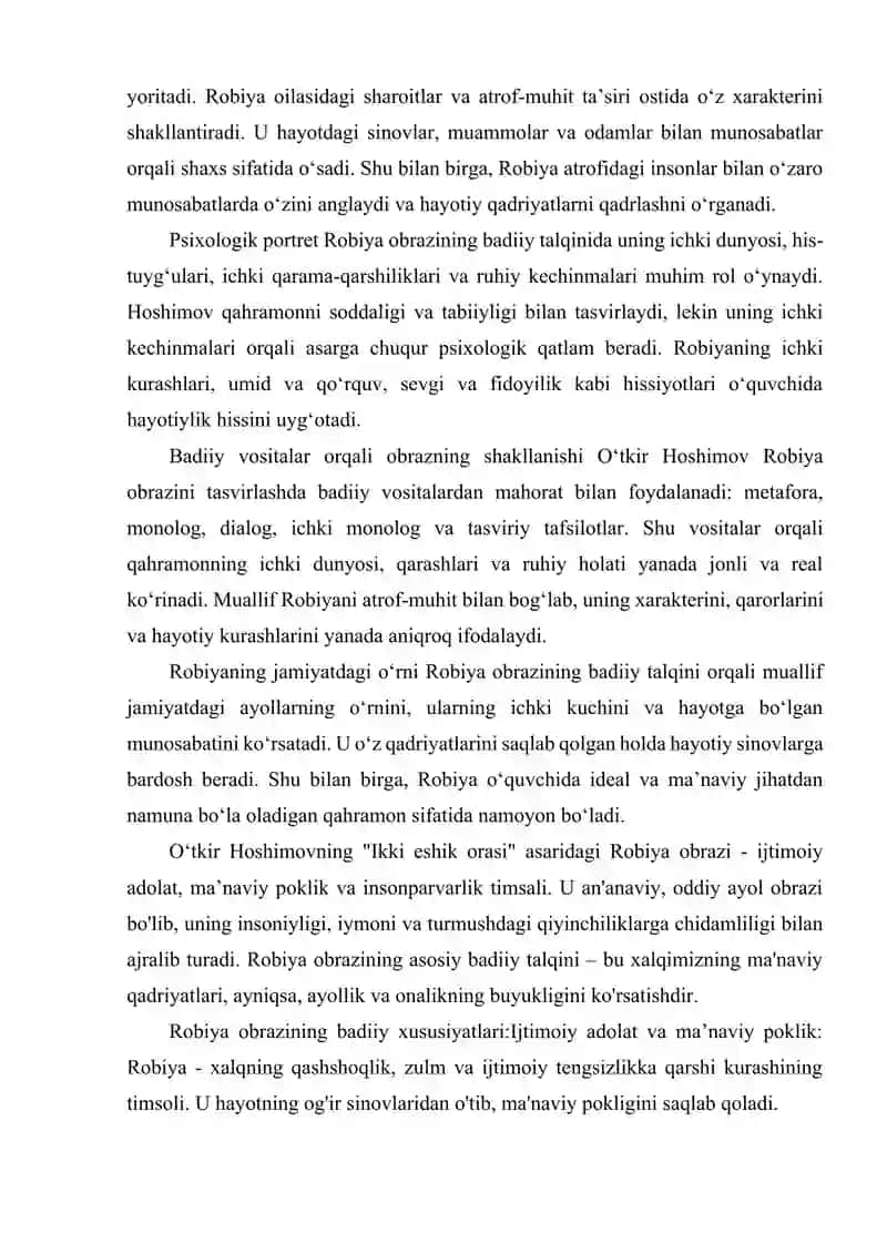 OʻTKIR HOSHIMOVNING ,,IKKI ESHIK ORASI''ASARDAGI ROBIYA OBRAZINING BADIIY TALQINI 3