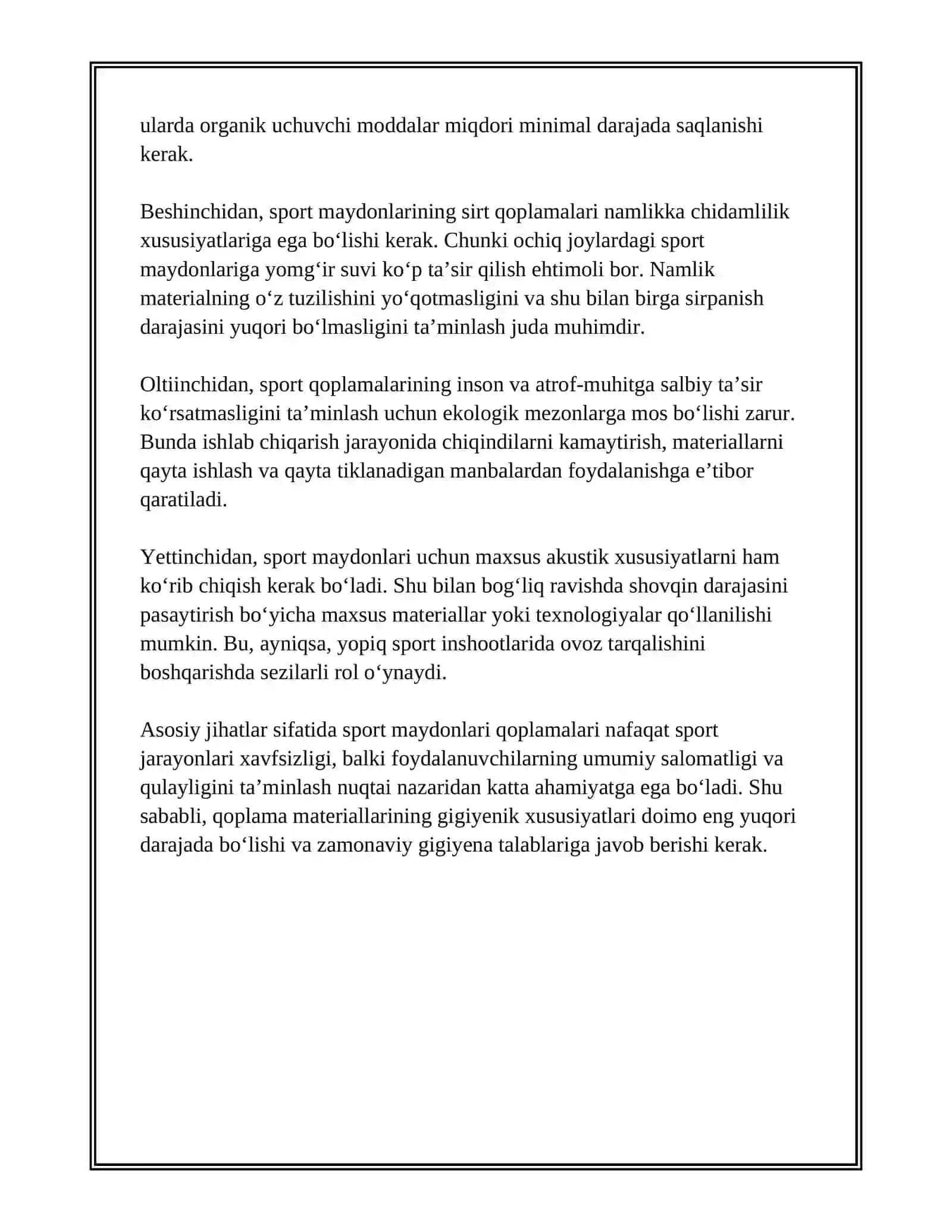 SPORT MAYDONLARI QOPLAMALARIGA QO‘YILADIGAN GIGIYENIK TALABLAR 3