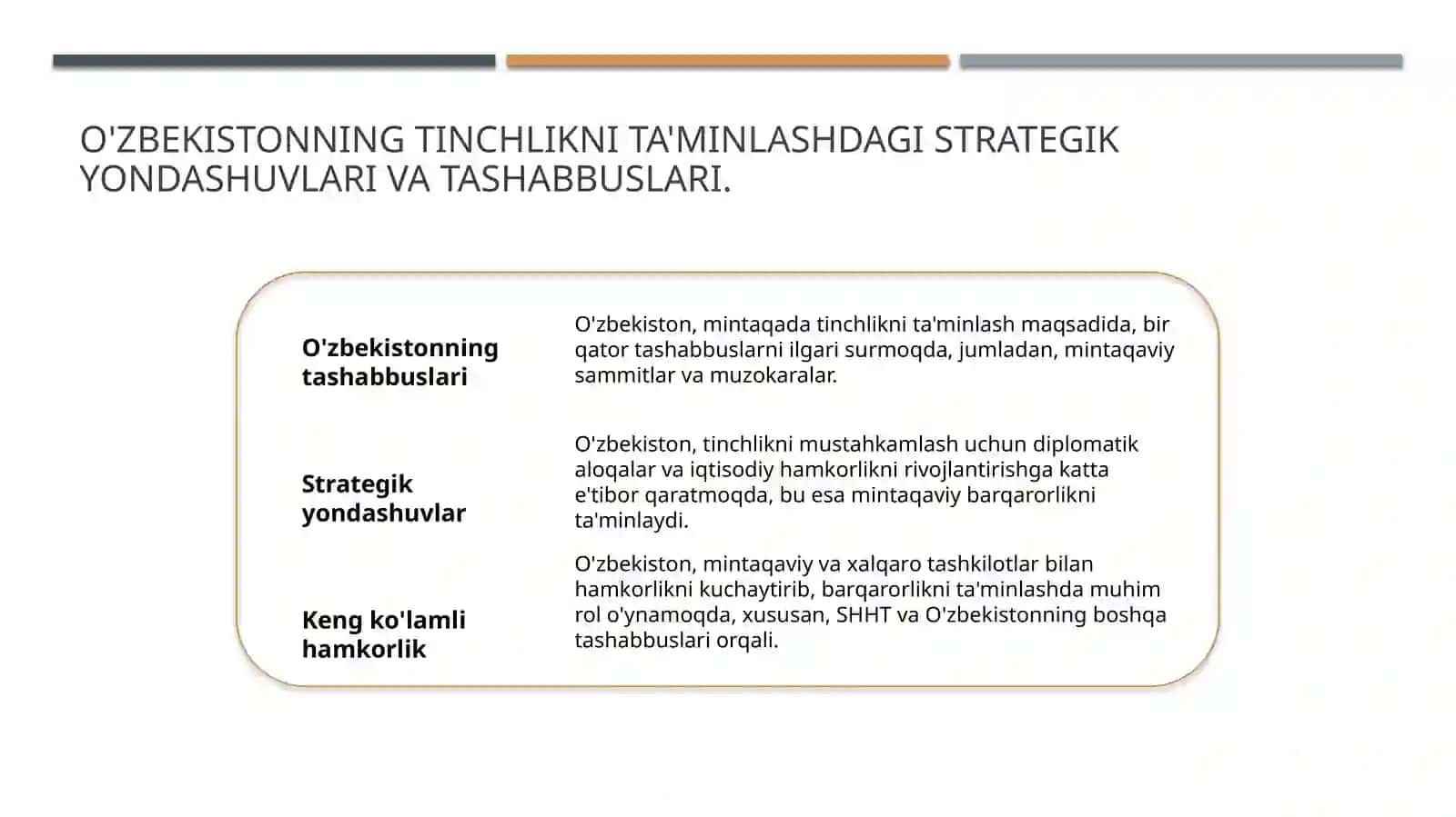 O'zbekistonning Markaziy Osiyoda tinchlik va barqarorlikni ta'minlashdagi o'rni 3