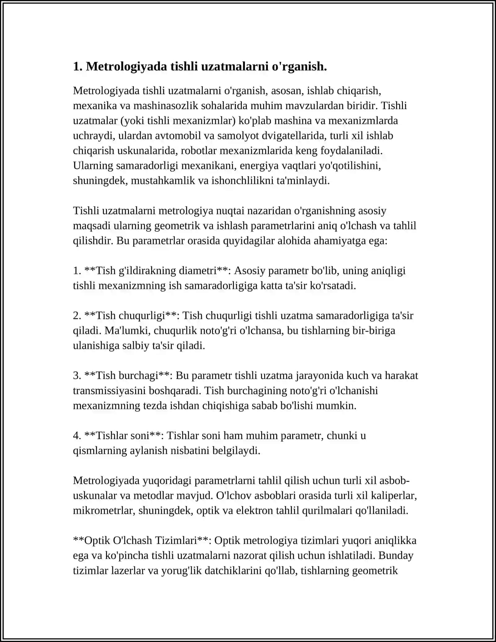 METROLOGIYA FANIDAN. TISHLI UZATMALARNI VAZIFALARI. UZATMANING KINEMATIK, TEKIS ISHLASH VA TUTASHISH ANIQLIGI. UZATMADA TISHLI G'ILDIRAKLARNING TUTASHISH ANIQLIGI. TISHLI UZATMALARNING SHARTLI BELGILANISHI 3