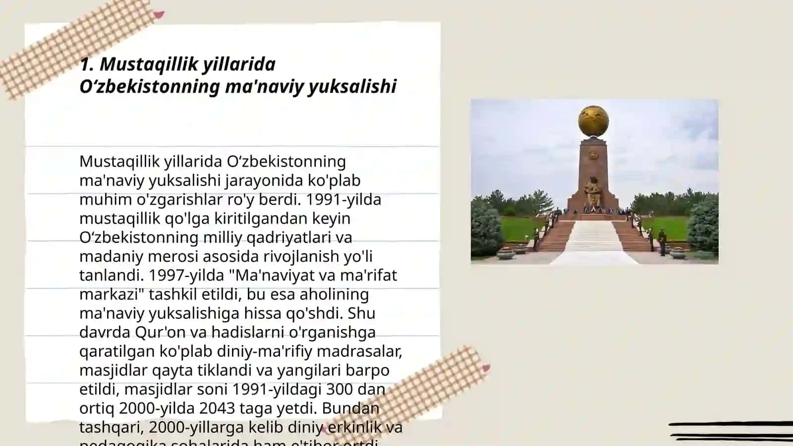 Mustaqillik yillarida Oʻzbekistonning ma'naviy yuksalishi 3