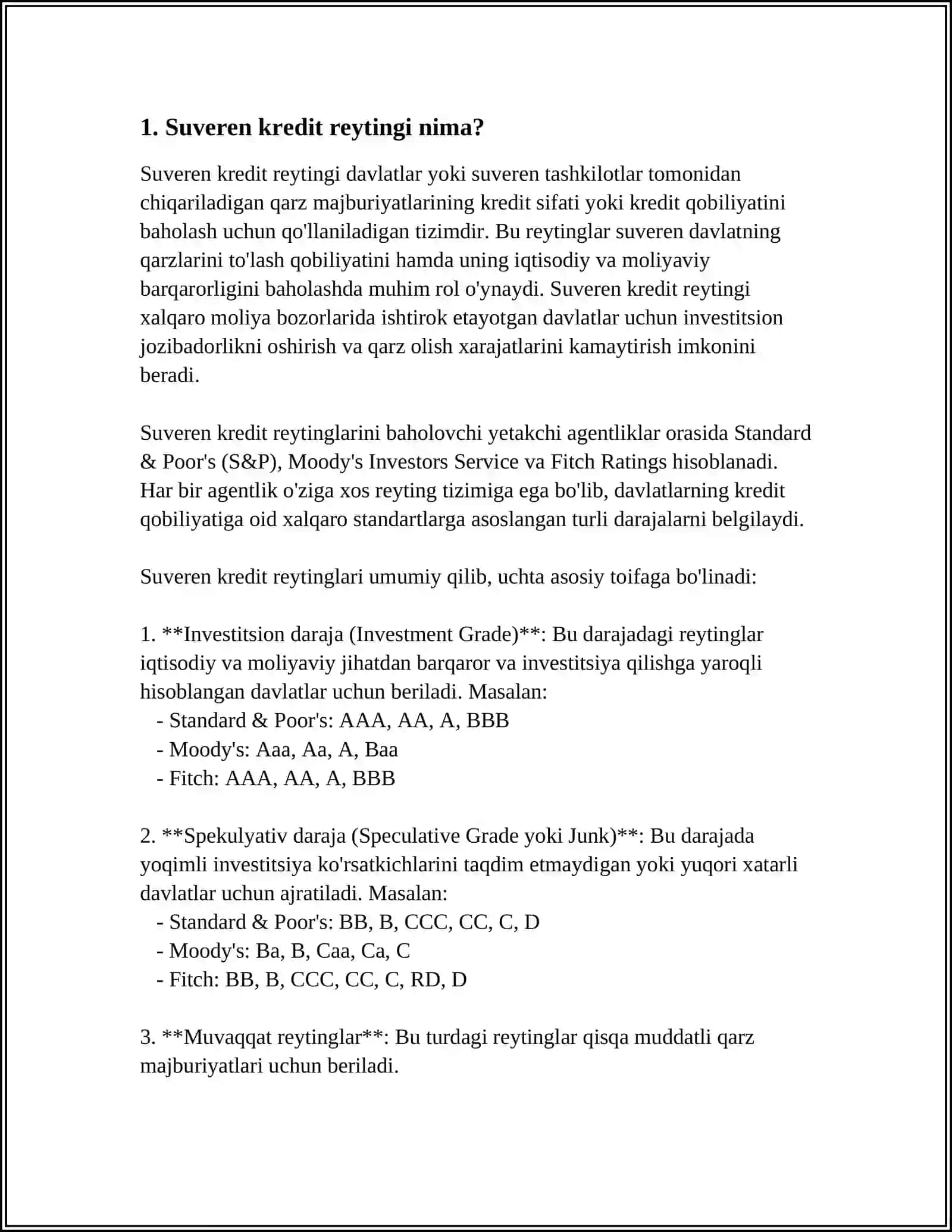 SUVERENT KIRIDIT REYTINGLARI HAQIDA TUSHUNCHA VA UNING XALQARO MOLIYA BOZORLARIDAGI QARZ JALP QILISHDAGI AHAMIYATI.REYTINGLARNI BAXOLASH METADALOGIYASI 3