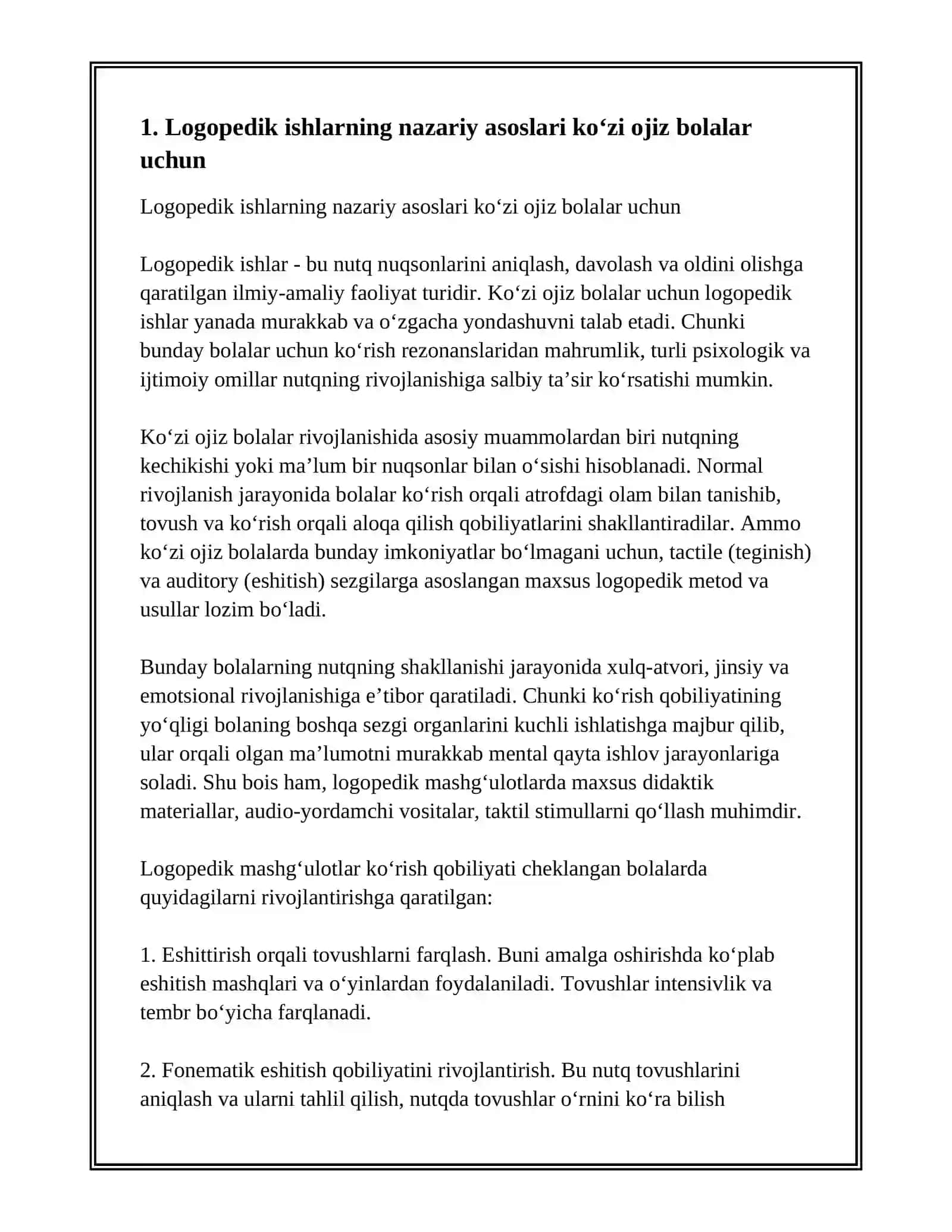 KO‘ZI OJIZ BOLALAR BILAN OLIB BORILADIGAN LOGOPEDIK ISHLARNING OʻZIGA XOS XUSUSIYATLARI 3