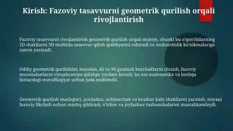 Sodda geometrik yasash ishlari bilan tanishtirish, fazoviy tasavvurlarni rivojlantirish 3