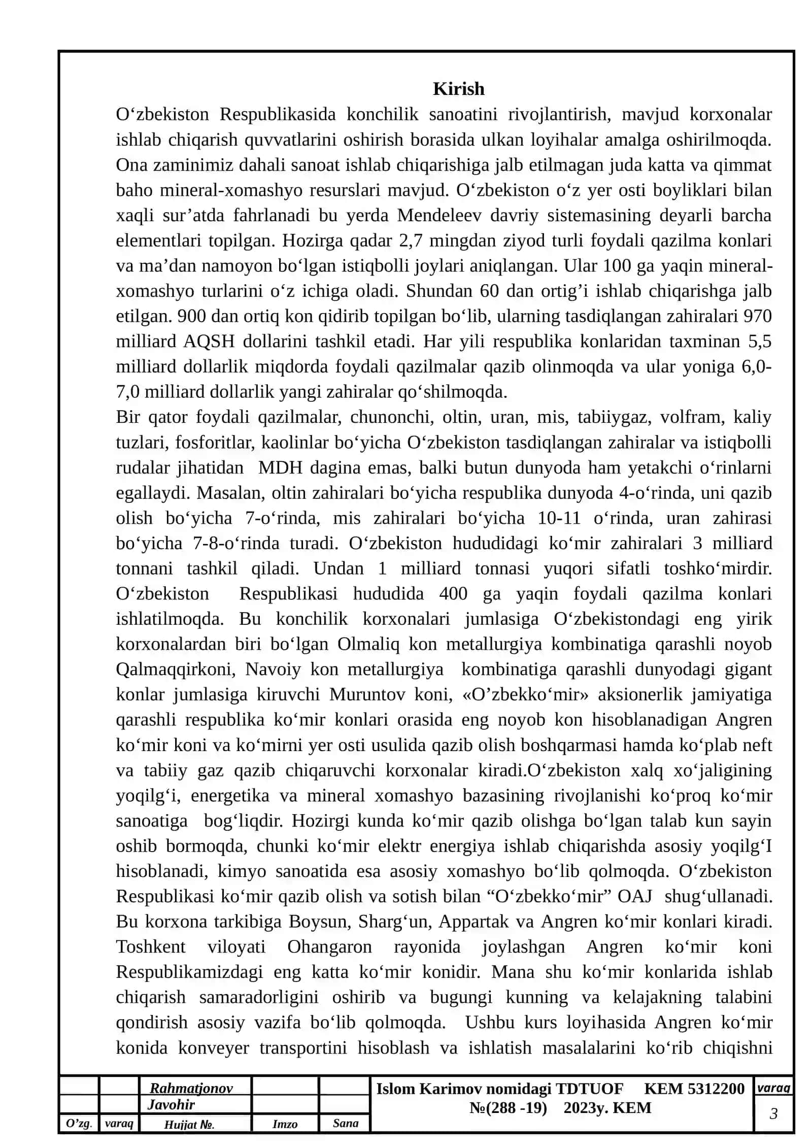 ”Transport mashinalari”fanidan KURS LOYIHASI 3