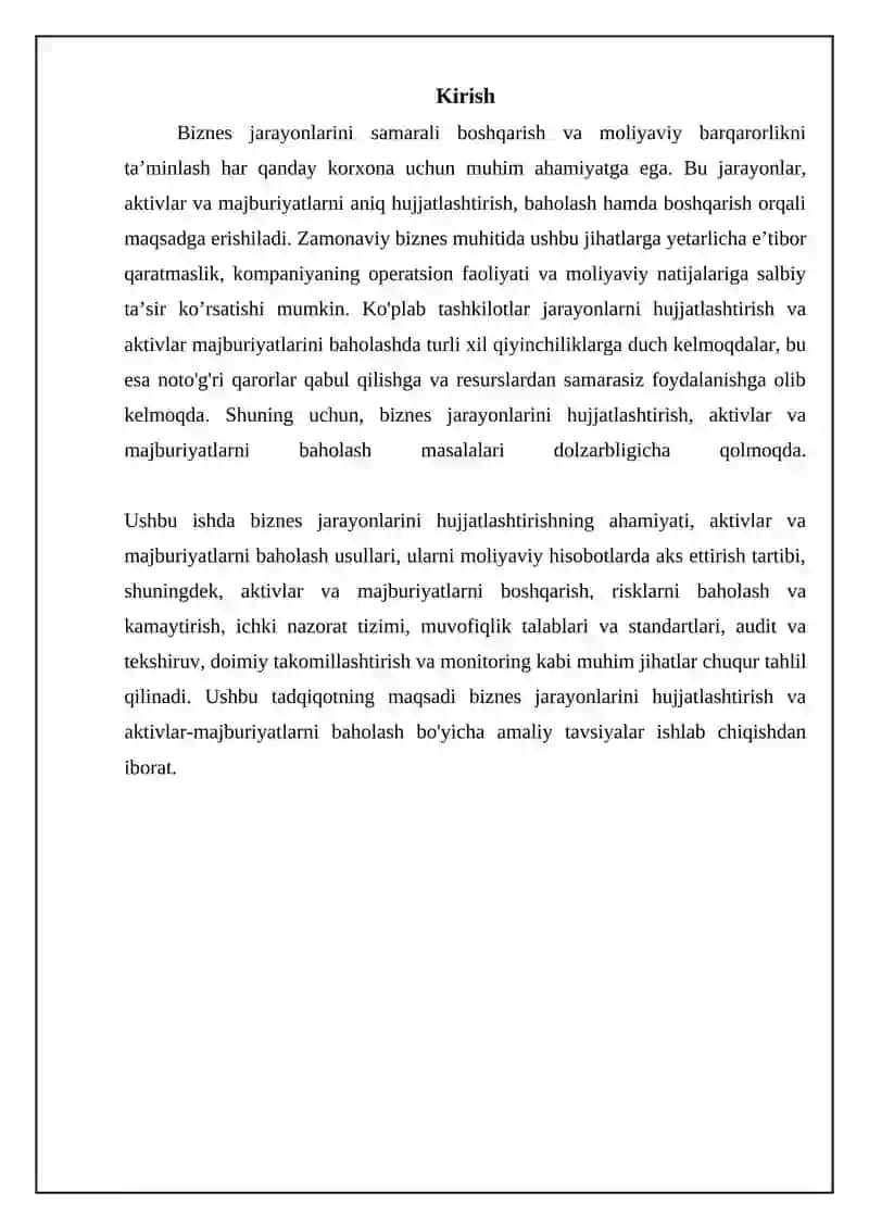 Biznes jarayonlarini hujjatlashtirish, aktivlar va majburiyatlarni baholash 3