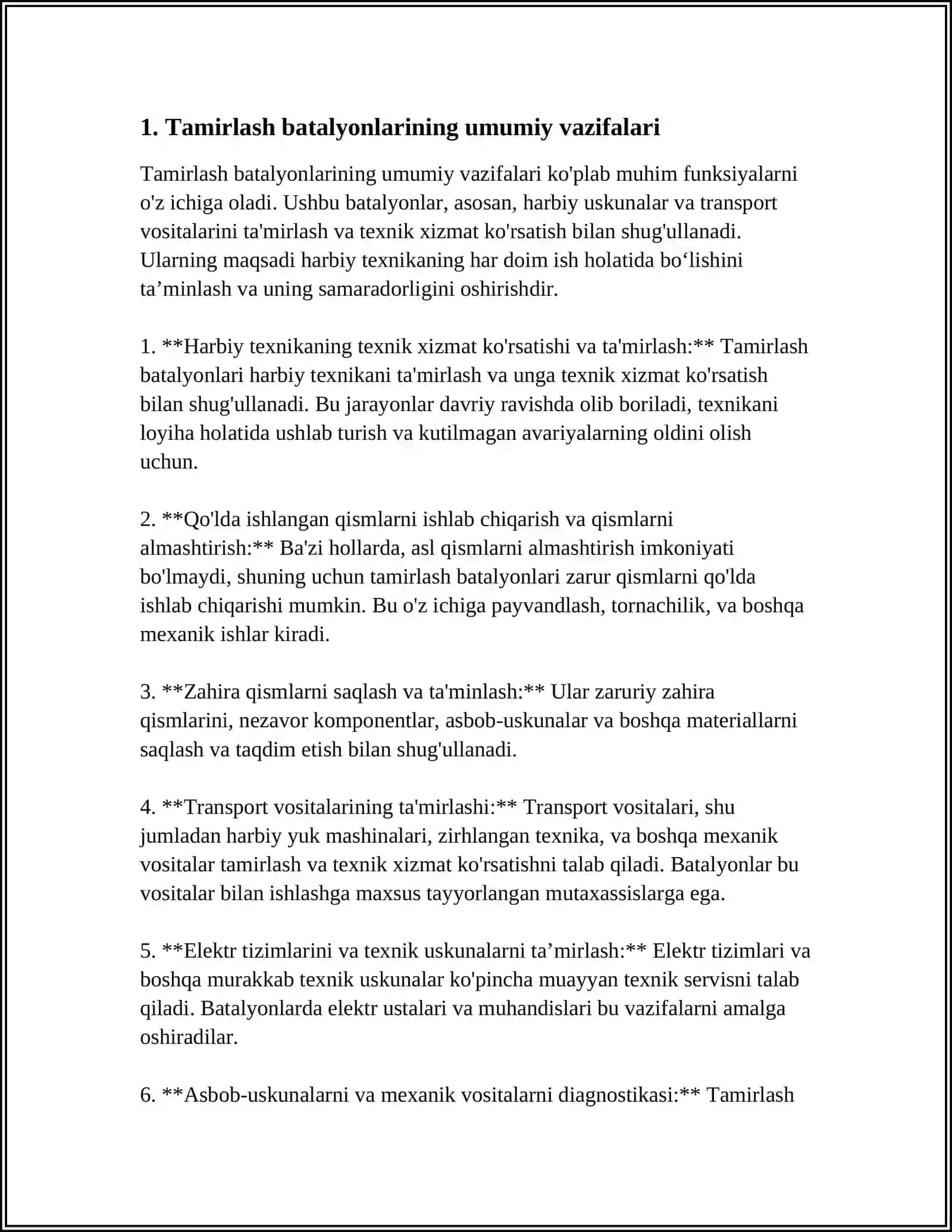 TAMIRLASH BATALONLARINING VAZIFASI,MÒLJALLANISHI,TUZILISHI,IS HAJMI 3