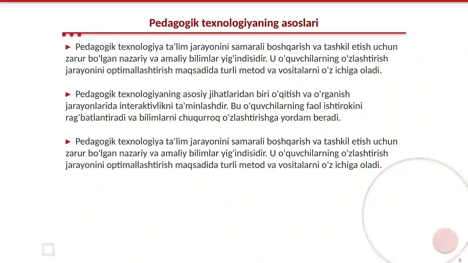 O‘quv jarayonini tashkil etish va samarali boshqarish asosidagi pedagogik texnologiya 3