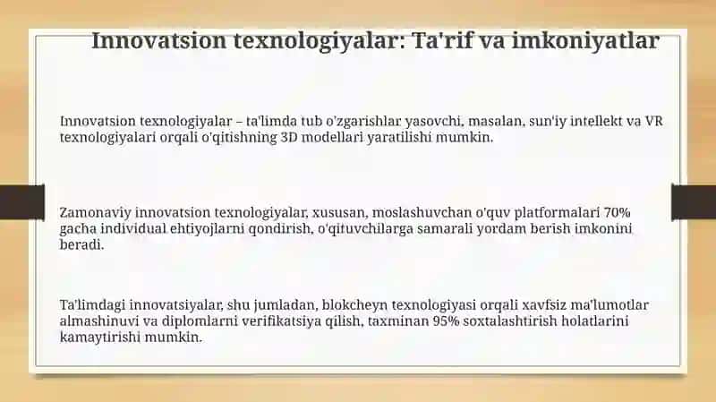 Innovatsion texnologiyalar ta'lim sifatini oshirish manbai sifatida 3