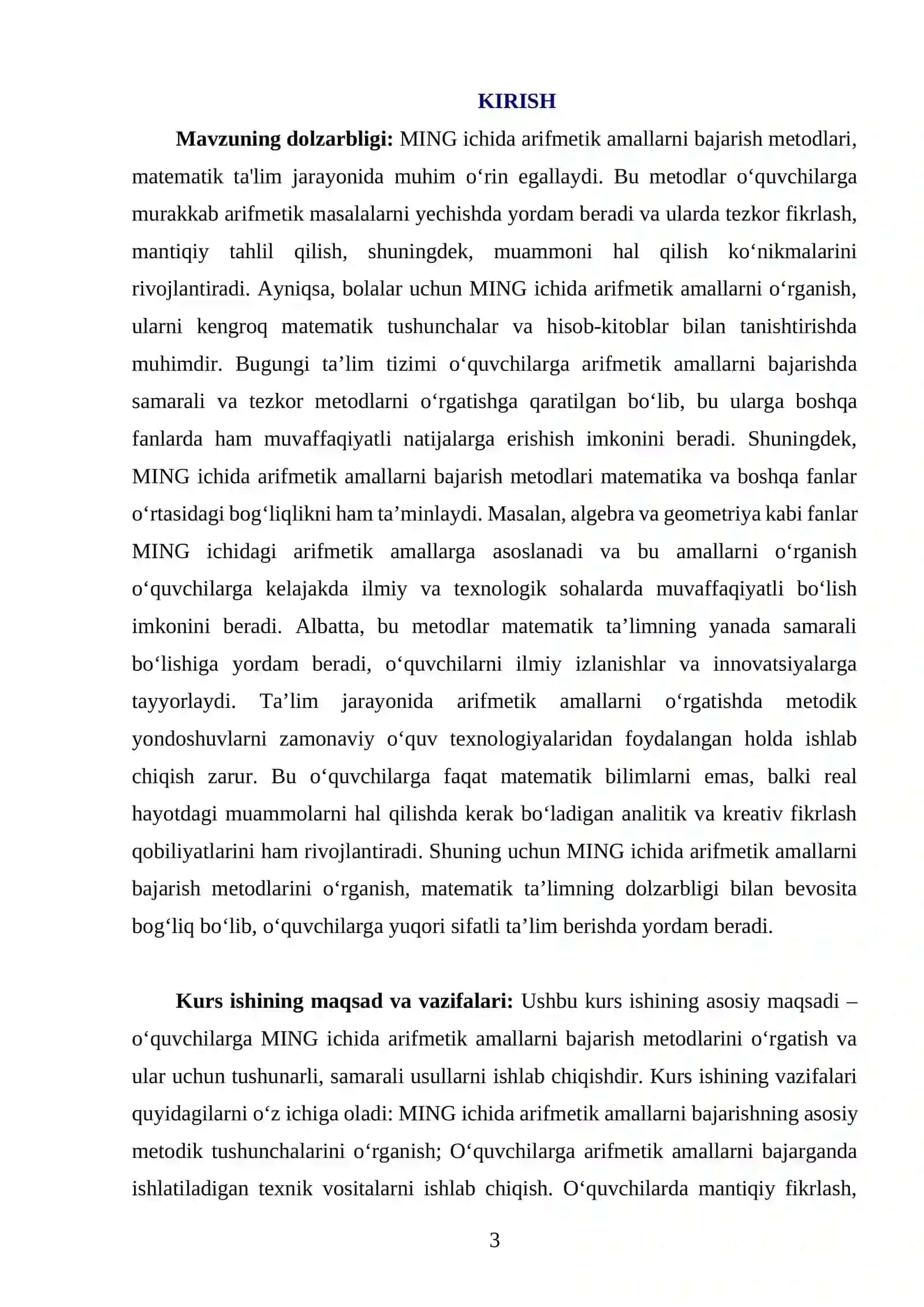 Ming ichida arifmetik amallar bajarish metodlardan foydalanish kurs ishi 3