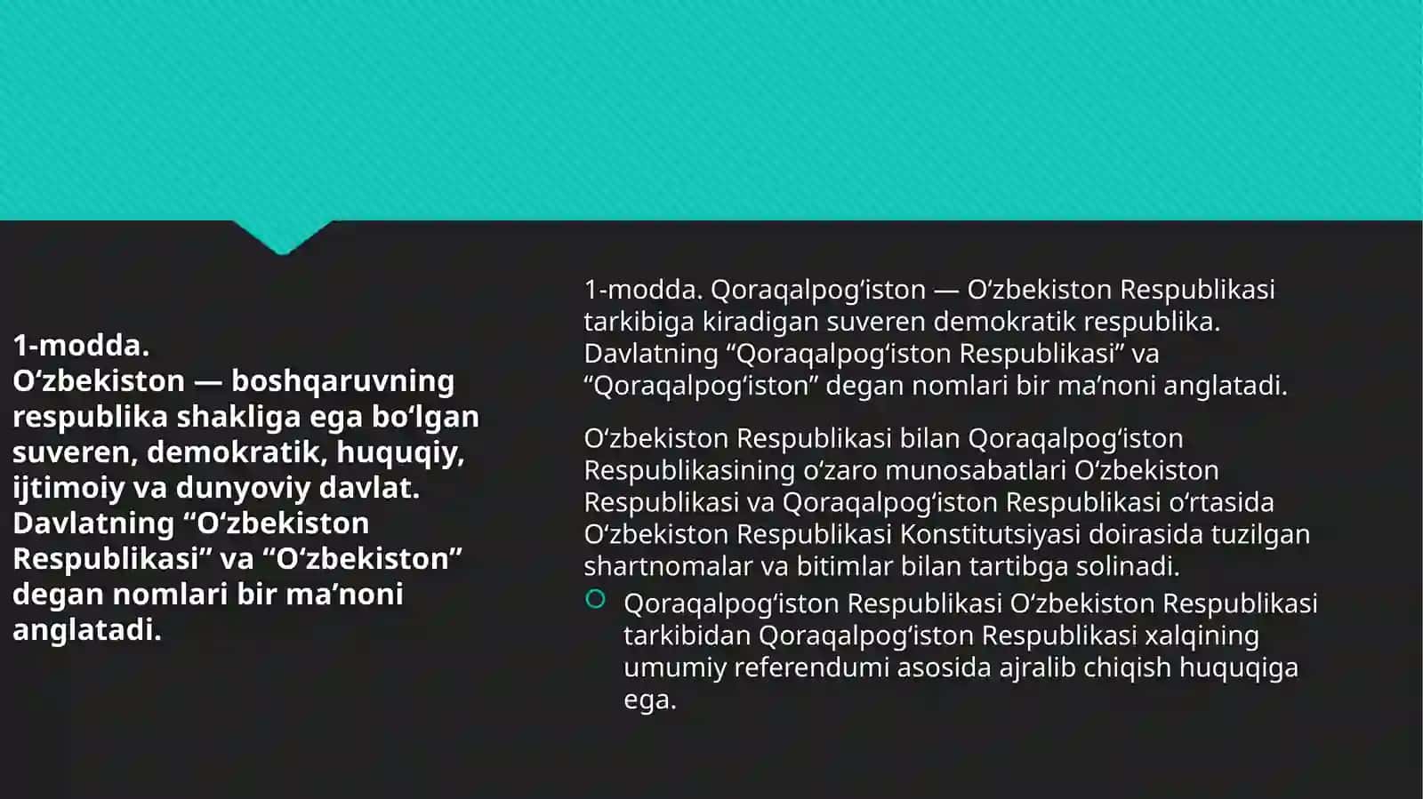 Yangi tahrirdagi Oʻzbekiston Respublikasi Konstitutsiyasi bilan Qoraqalpogʻiston Respublikasi Konstitutsiyasining farqli jihatlari 3