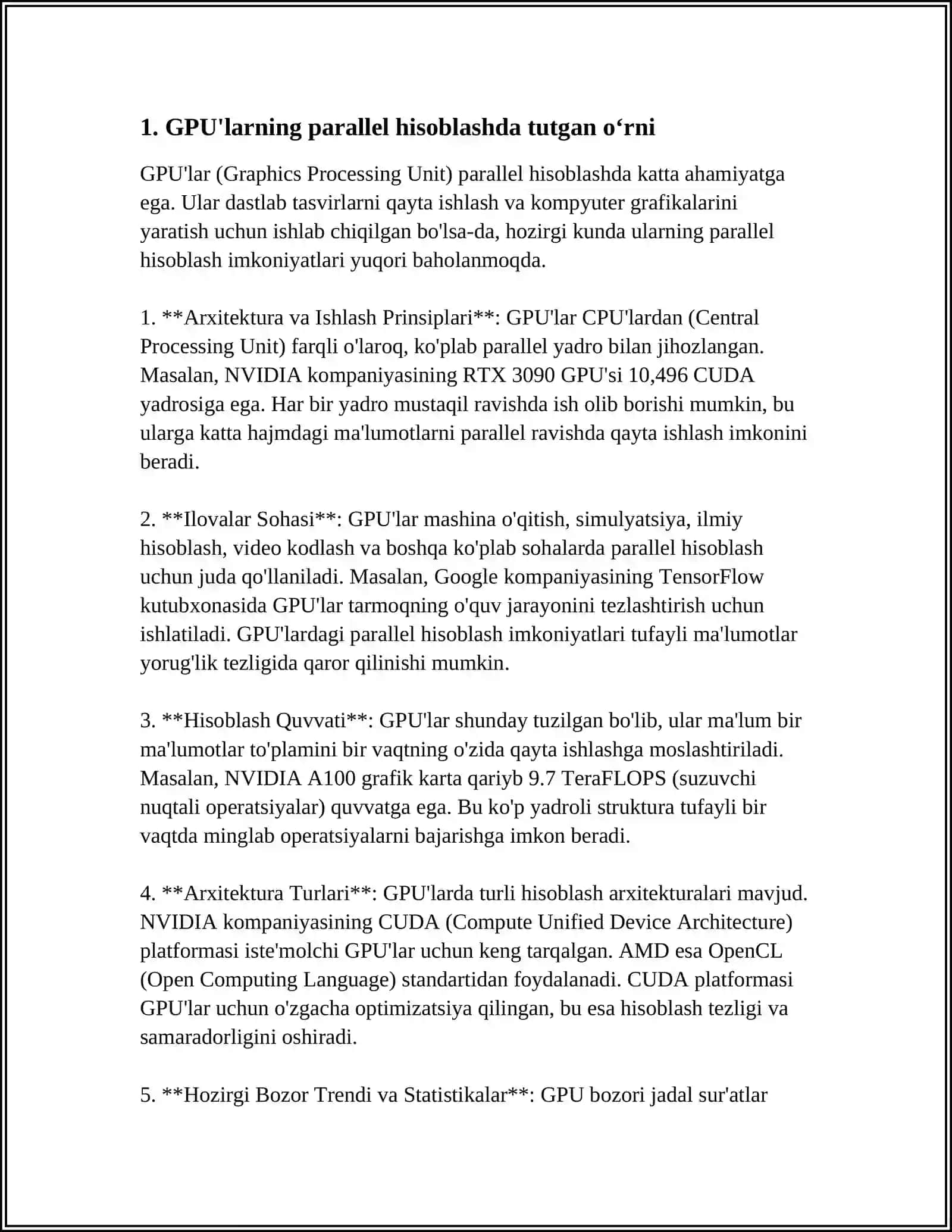 GPU VA ULARNING PARALLEL HISOBLASHDAGI ORNI:GPULARNING PARALLEL HISOB LASHDAGI AFZALLIKLARI VA QANDAY QOLLANILISHI 3