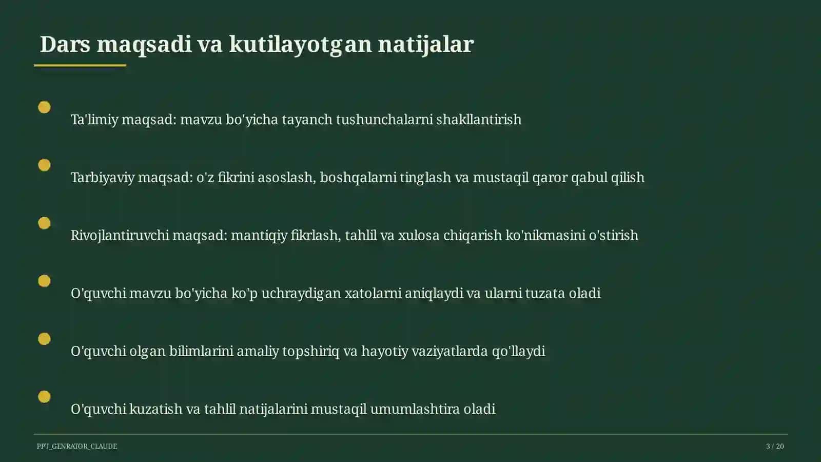 Dars tahlili: kuzatuv va baholash mezonlari 3