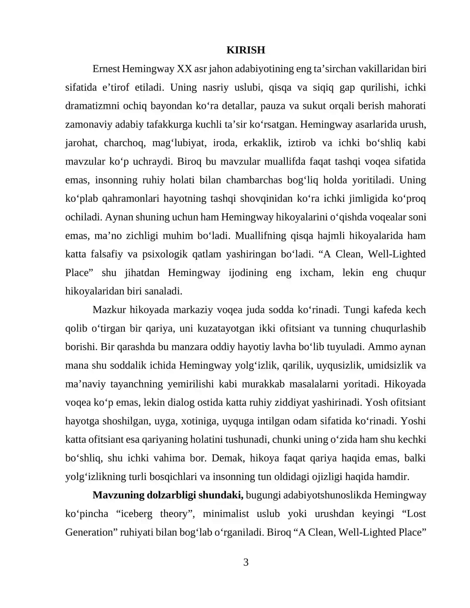 ERNEST HEMINGWAYNING “A CLEAN, WELL-LIGHTED PLACE” HIKOYASIDA YOLG‘IZLIK VA MA’NAVIY BO‘SHLIQ 3