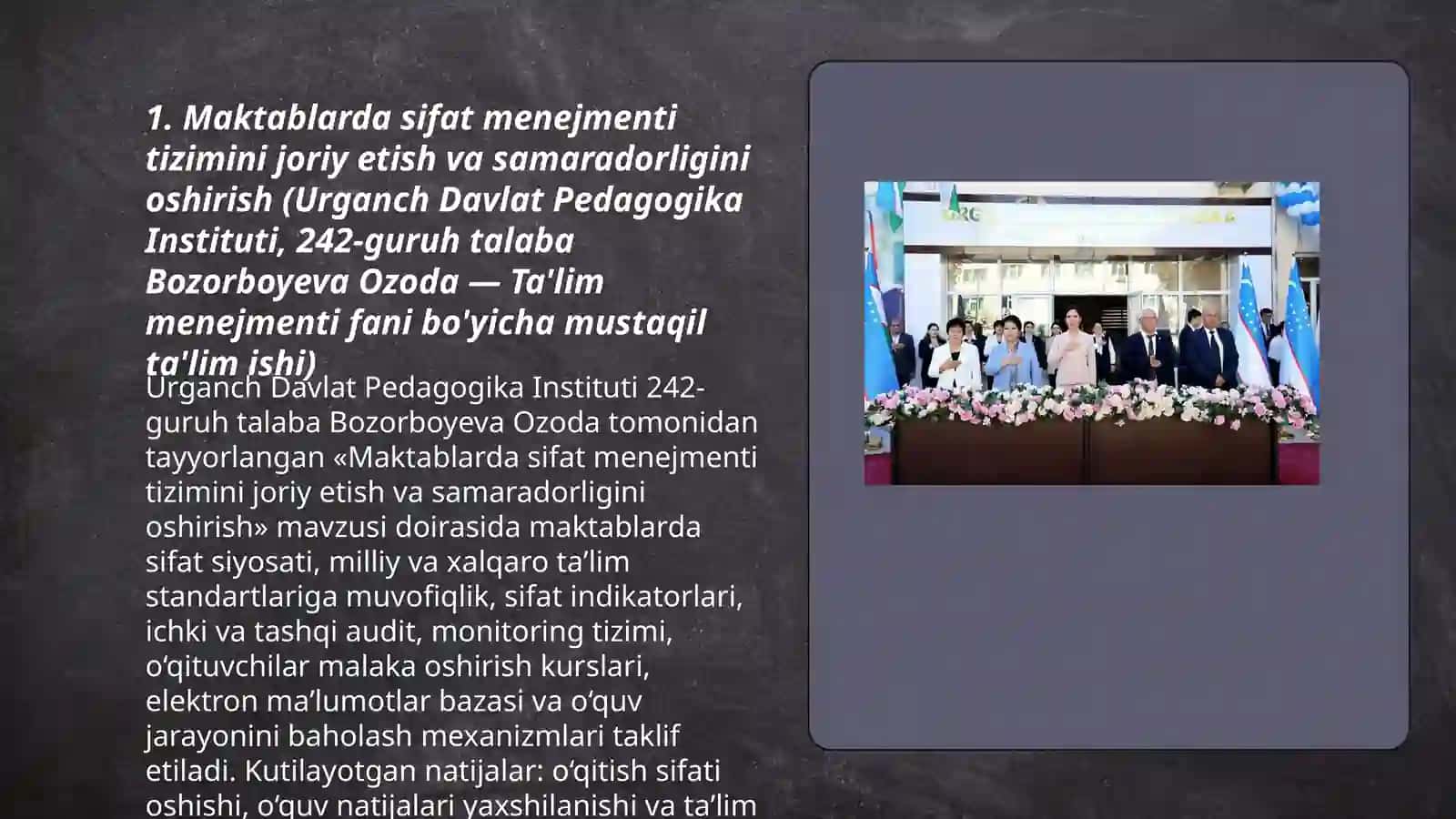 URGANCH DAVLAT PEDOGOGIKA INSTITUTI 242- GURUH TALABASI BOZORBOYEVA OZODANING TA'LIM MENJMENT FANIDAN MUSTAQIL TA'LIM ISHI 3