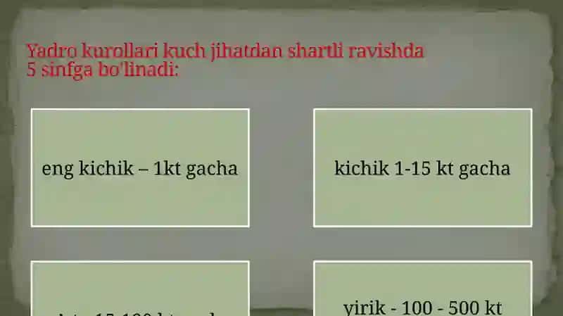 OMMAVIY QIRG’IN QUROLLARINING TASNIFI. JABRLANISH O’CHOG’ININGTIBBIY-TAKTIK TAVSIFI.YO’QOTISHLAR.YADROVIY QUROL.TROTIL EKVIVALENTI.YADROVIY PORTLASH OMILLARI 3