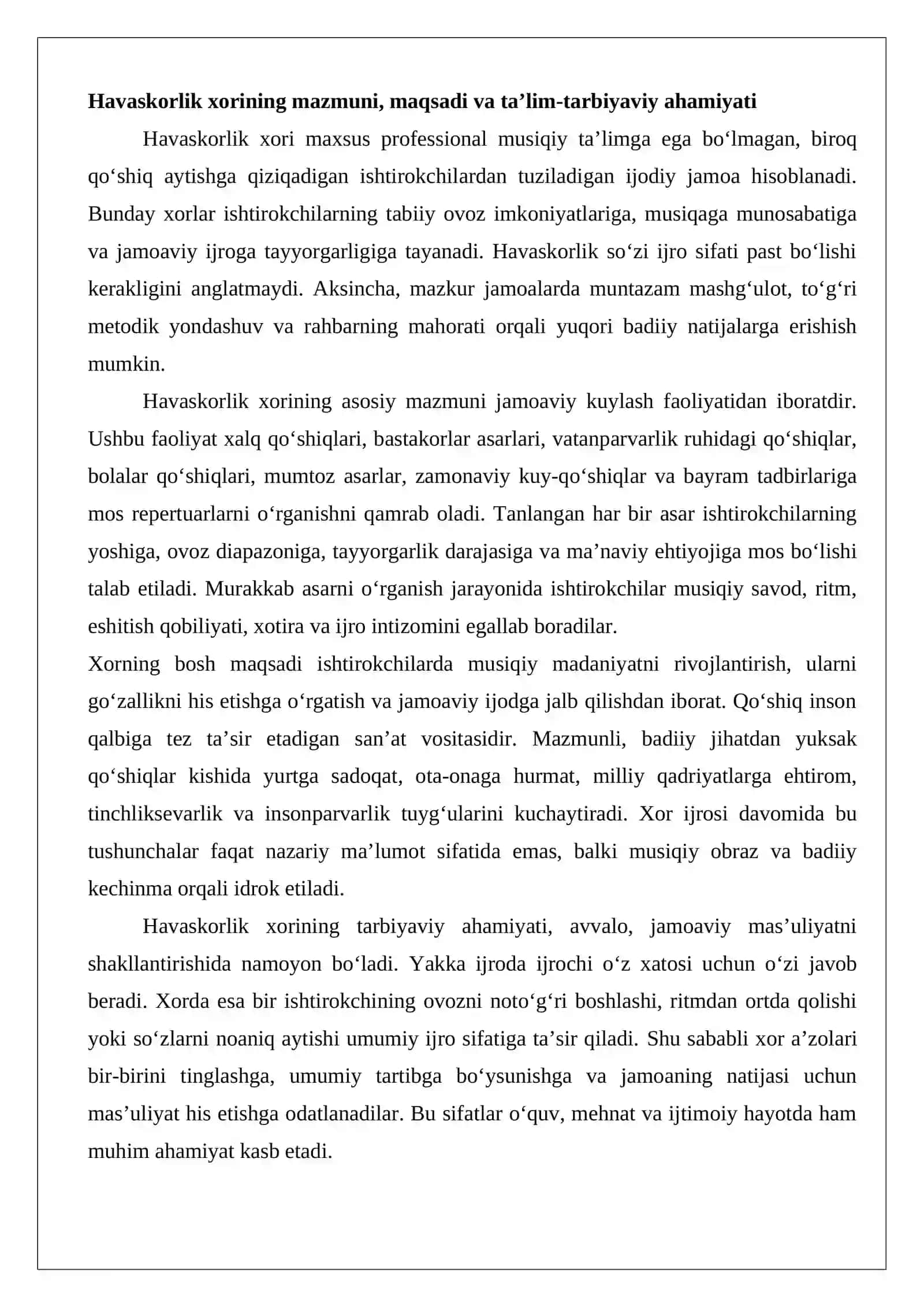 Havaskorlik xor ishining tashkiliy asoslari hamda uning vazifalari 3