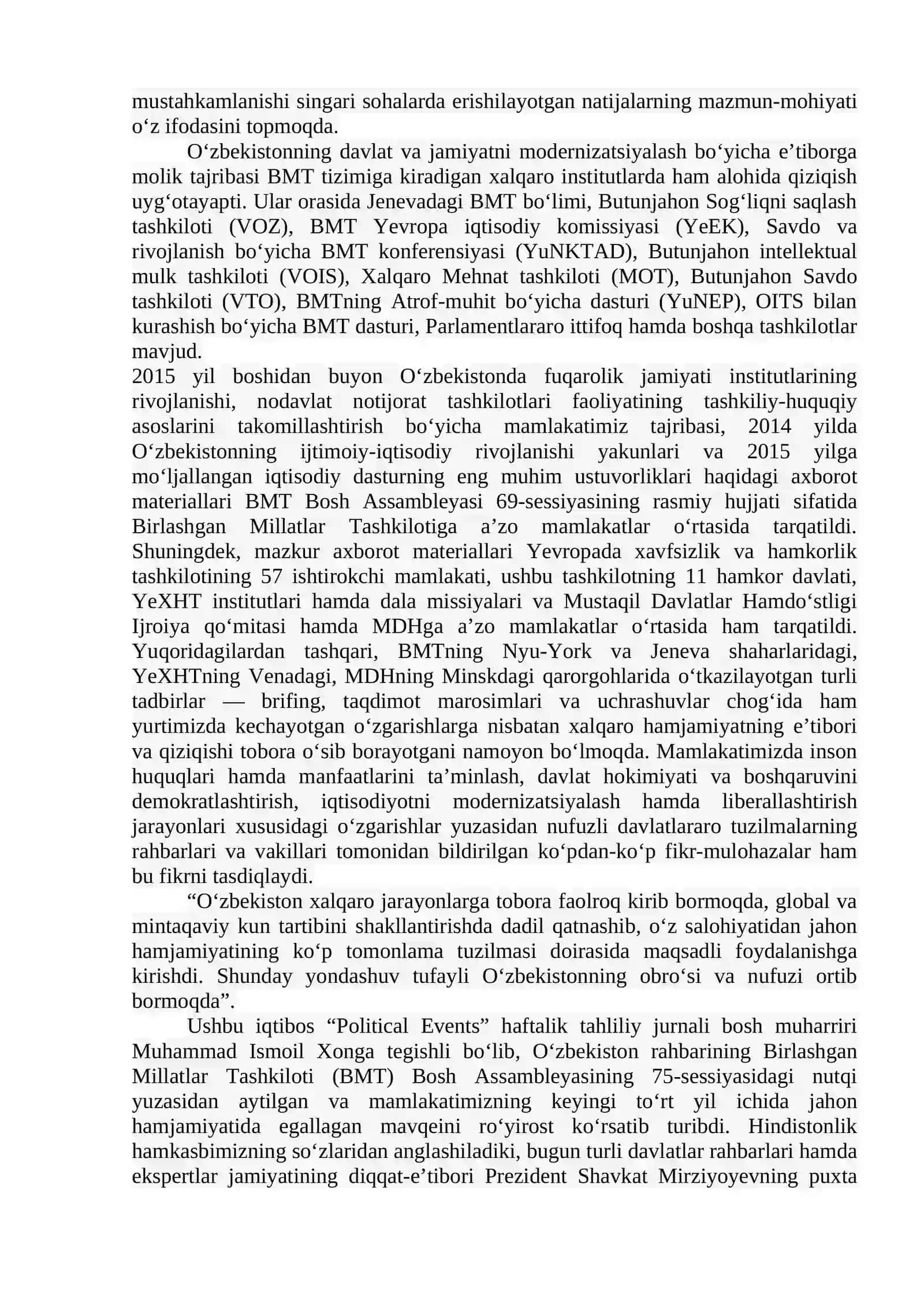 O'ZBEKISTON VA JAHON HAMJAMIYATI. O‘ZBEKISTONNING TINCHLIKSEVAR TASHQI SIYOSATI VA UNING JAHON HAMJAMIYATI TOMONIDAN TAN OLINISHI 3