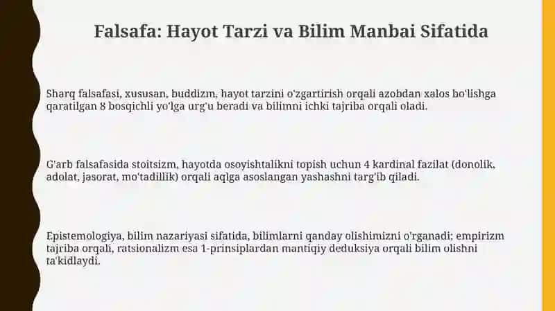Sharq va Garb faylasuflari bergan tariflar asosida Falsafa hayot tarzi va dunyoni bilish tarzi 3