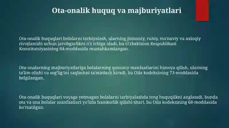 Ota onalar va farzandlarning huquqiy burch va majburiyatlari 3