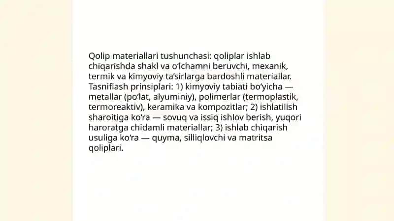 Qolip materiallari xom ashyolarning zamonaviy tasnifi 3