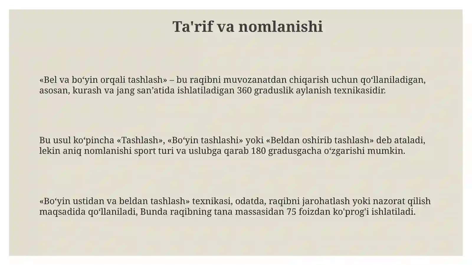 Bel va bo‘yin orqali tashlash 3