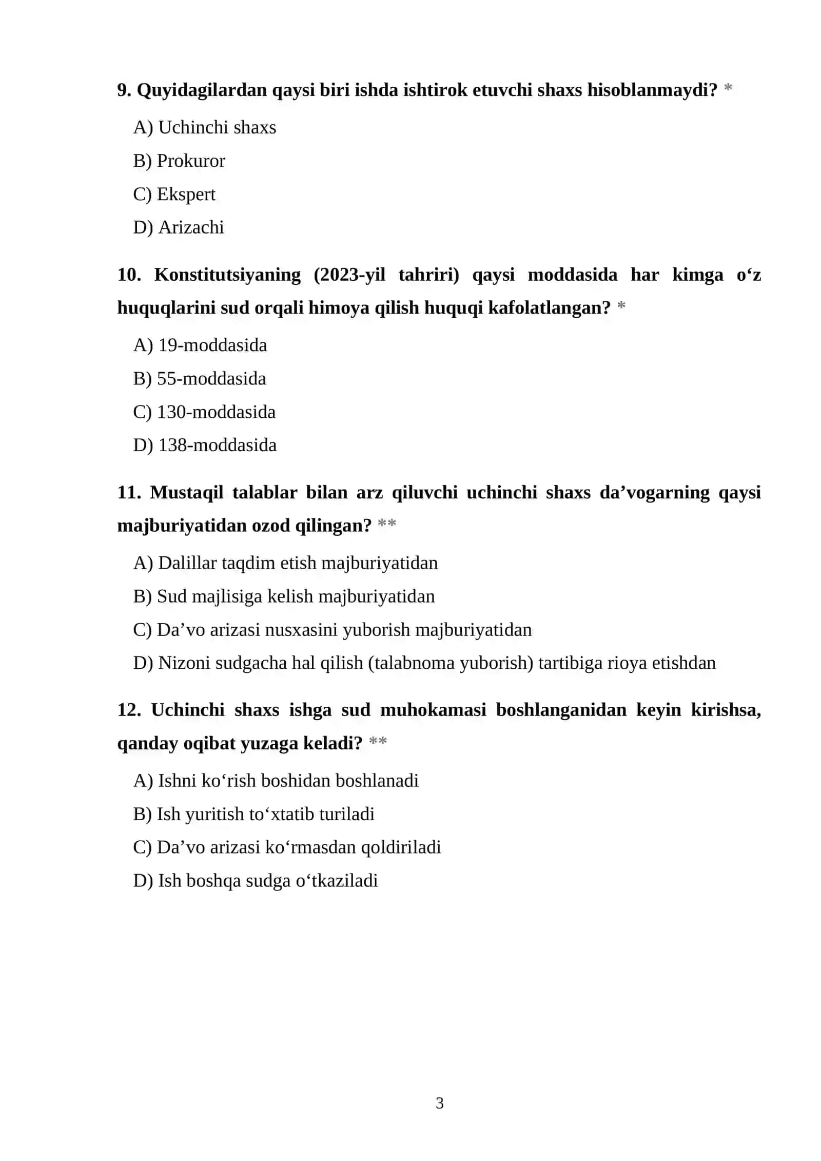 Iqtisodiy protsessual huquqi fanidan test 3