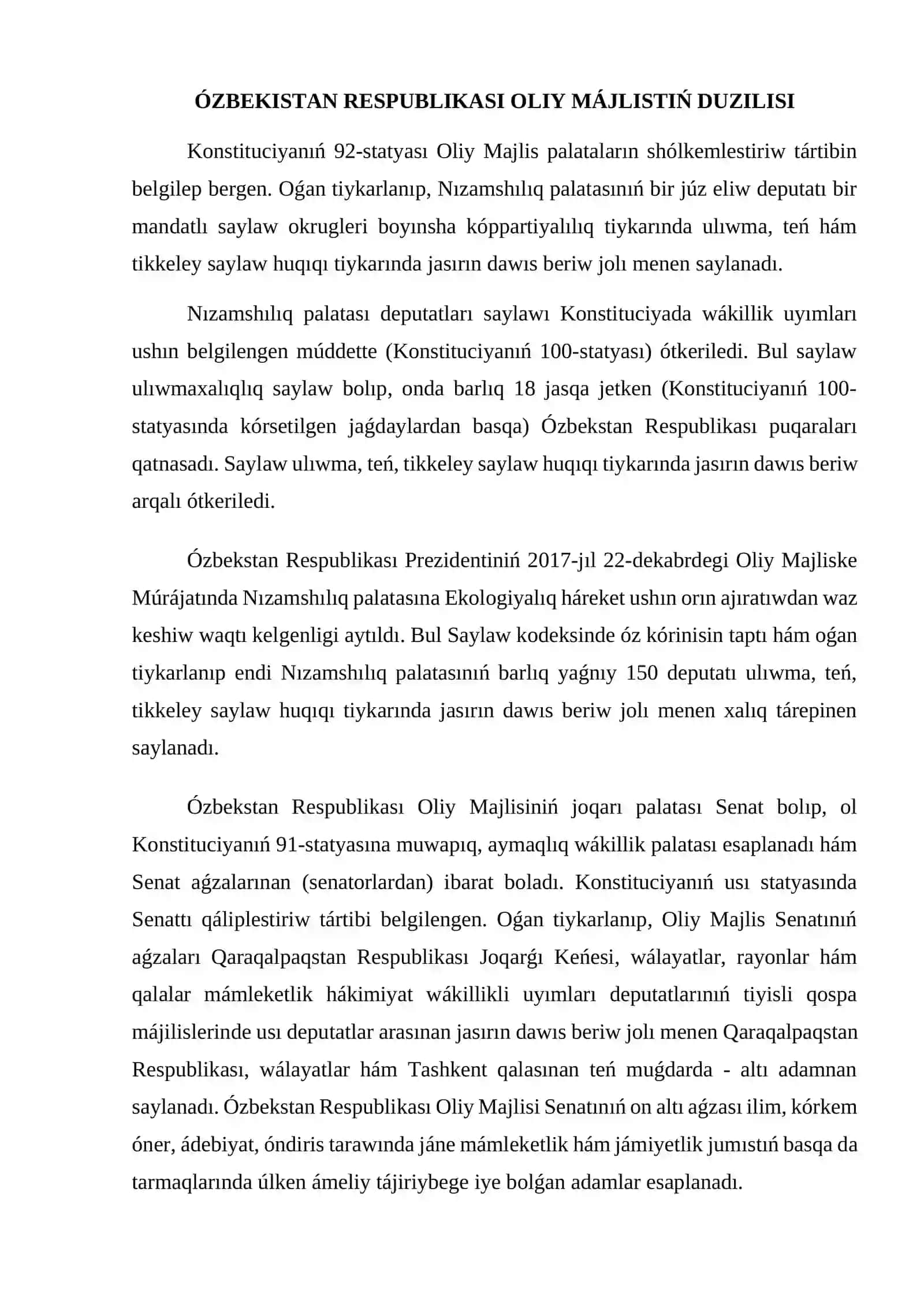 Ózbekistan Respublikası Oliy májlistiń duzilisi hám iskerliktiń konstitutsıyalıq tıykarları 3